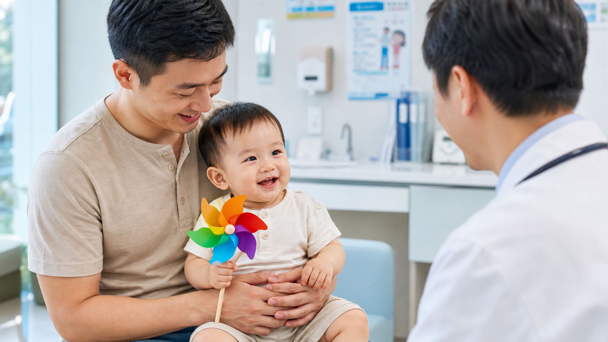 A cute 1-year-old Chinese baby sitting on father's