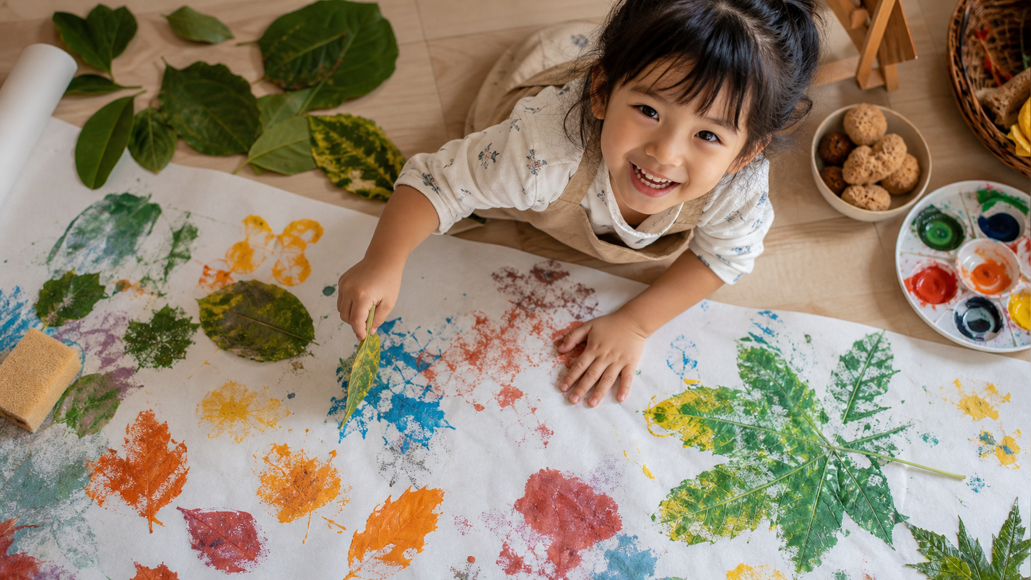 A top-down view of a 4-year-old Chinese child happ