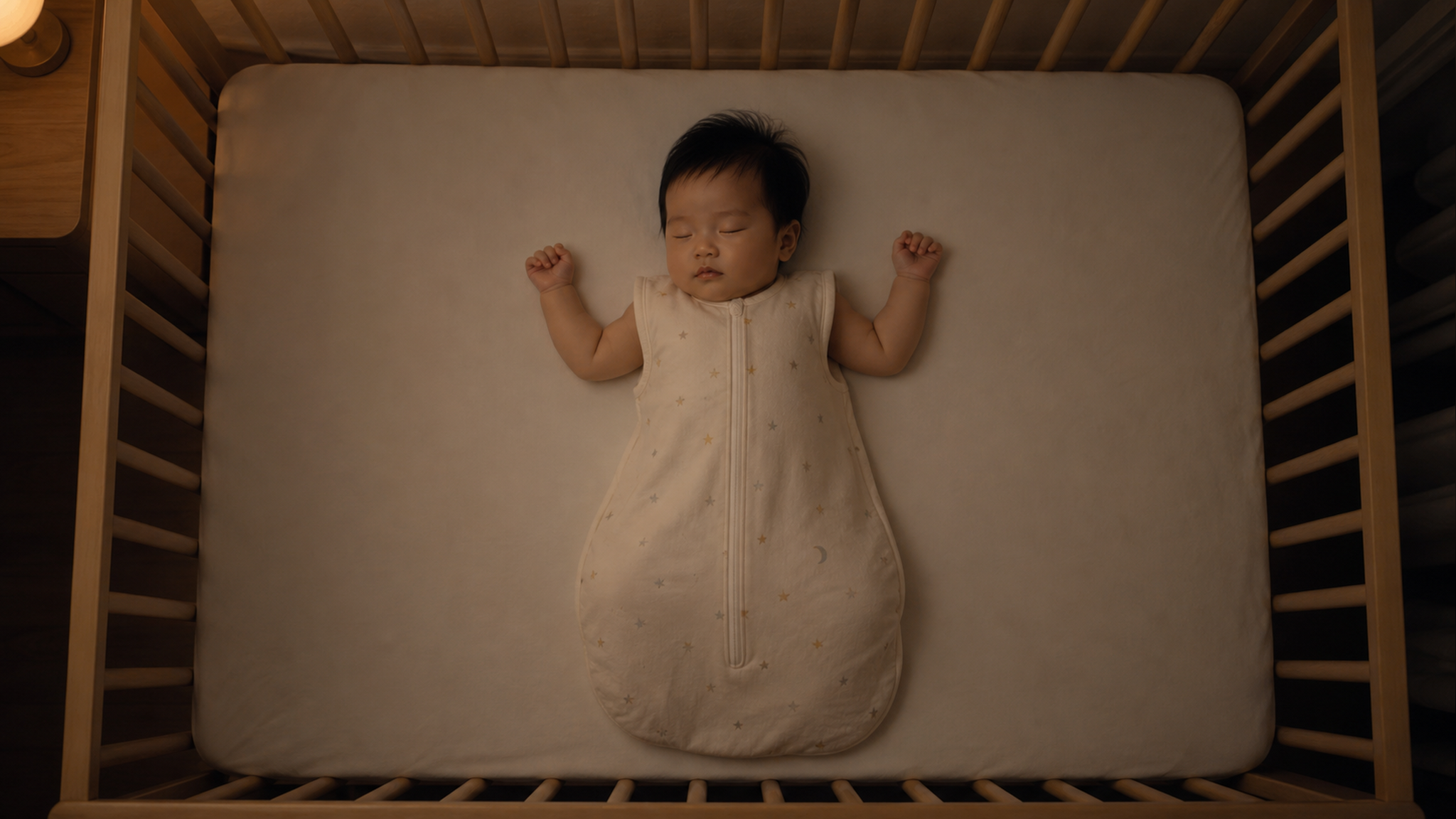 A top-down view of a Chinese baby sleeping peacefu