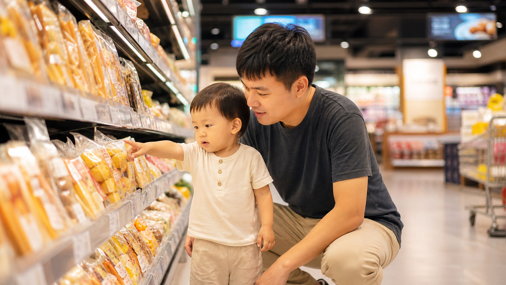 A Chinese father and his 2-year-old toddler in a b