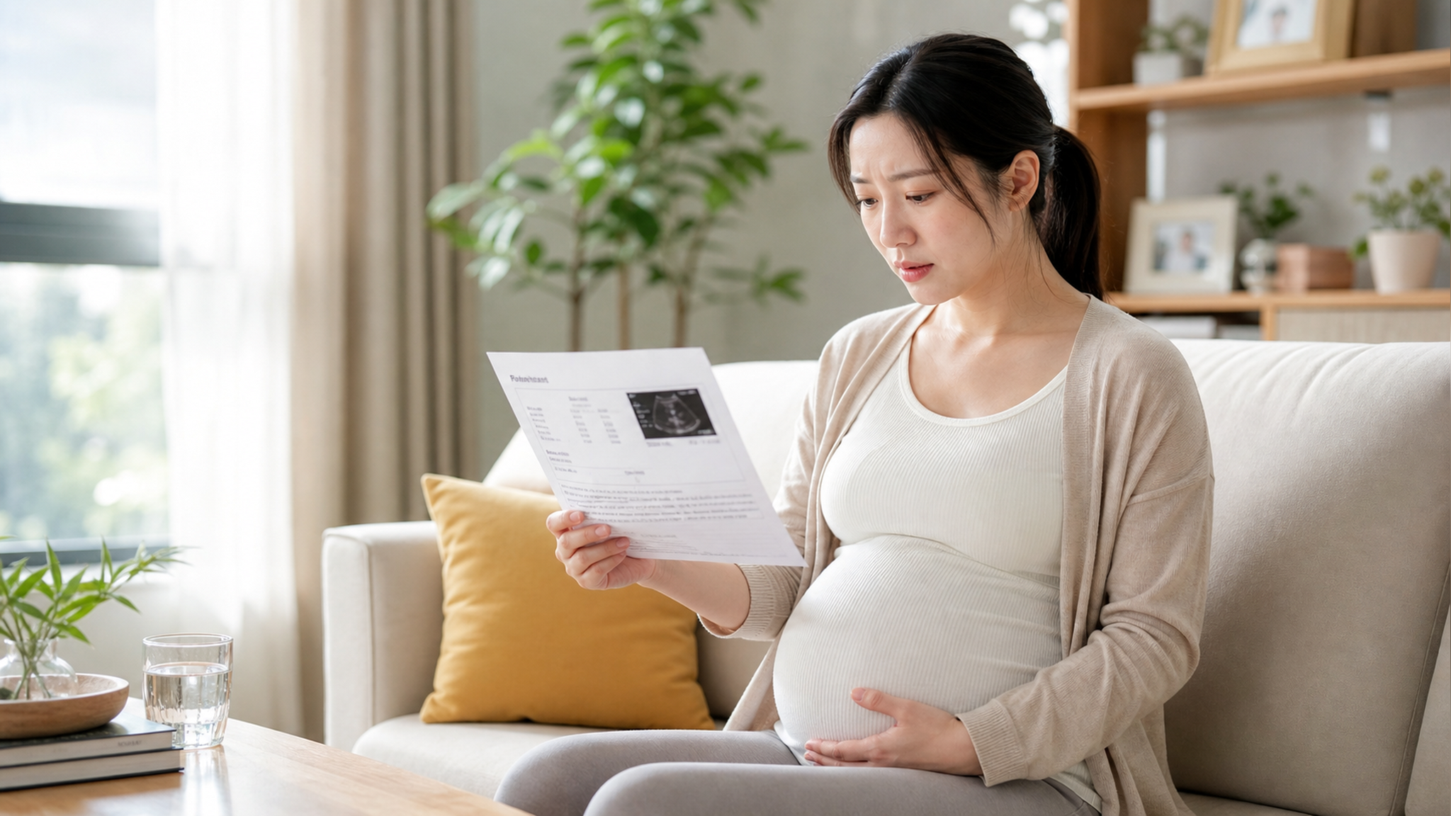 A Chinese pregnant woman sitting in a bright, mode