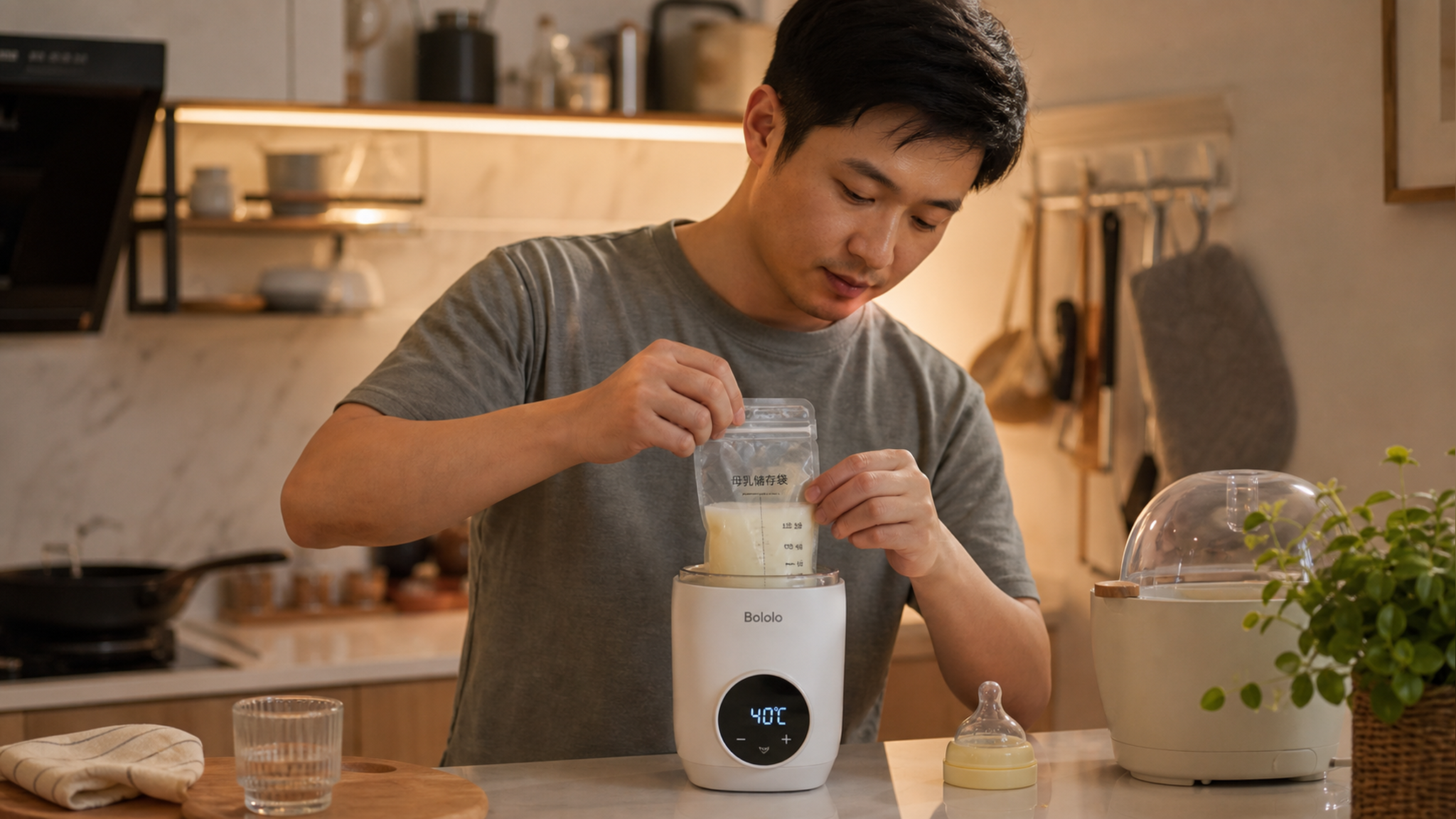 A warm and cozy kitchen scene. A young Chinese fat