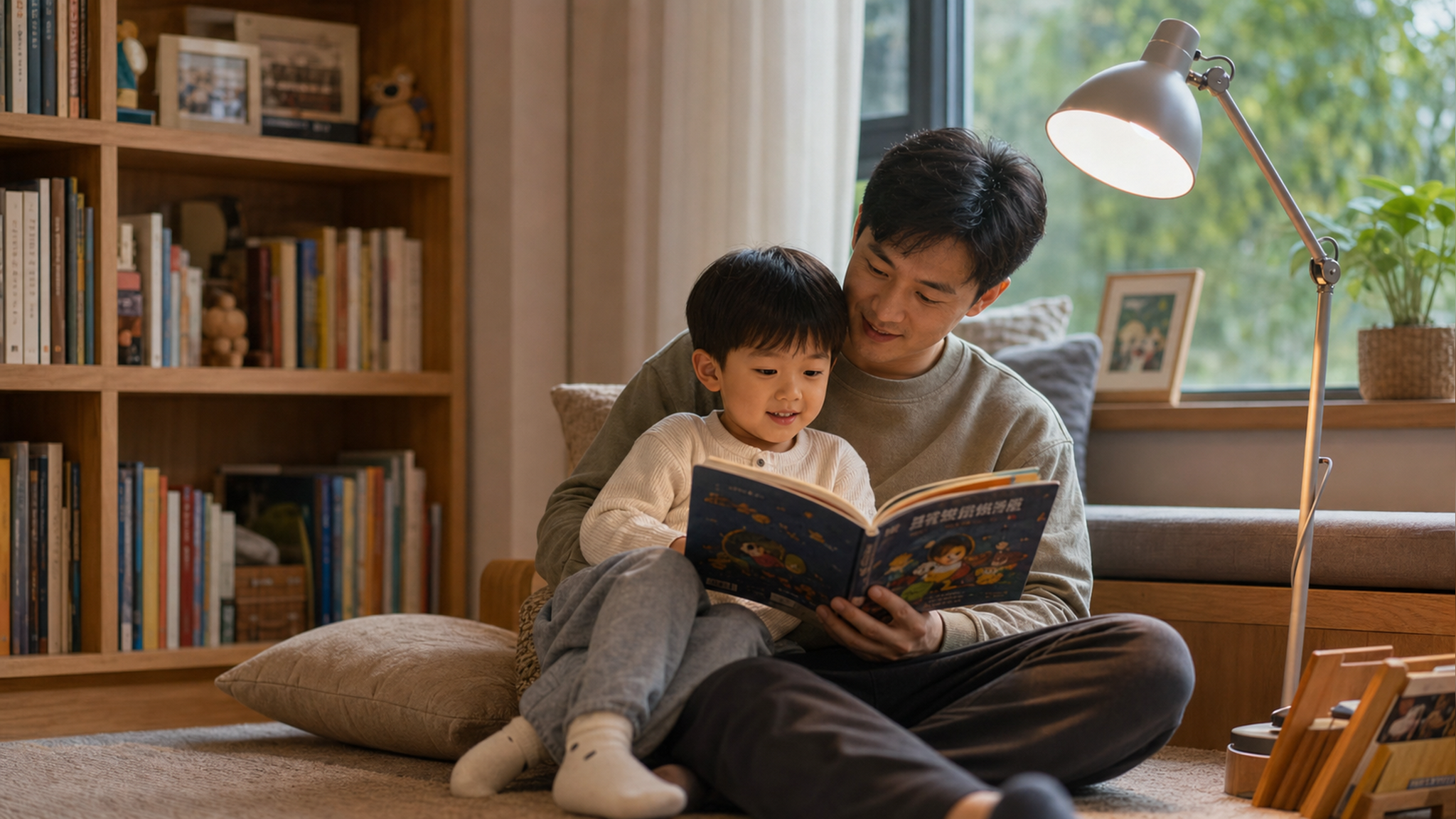 A cozy family reading corner by the window, warm w