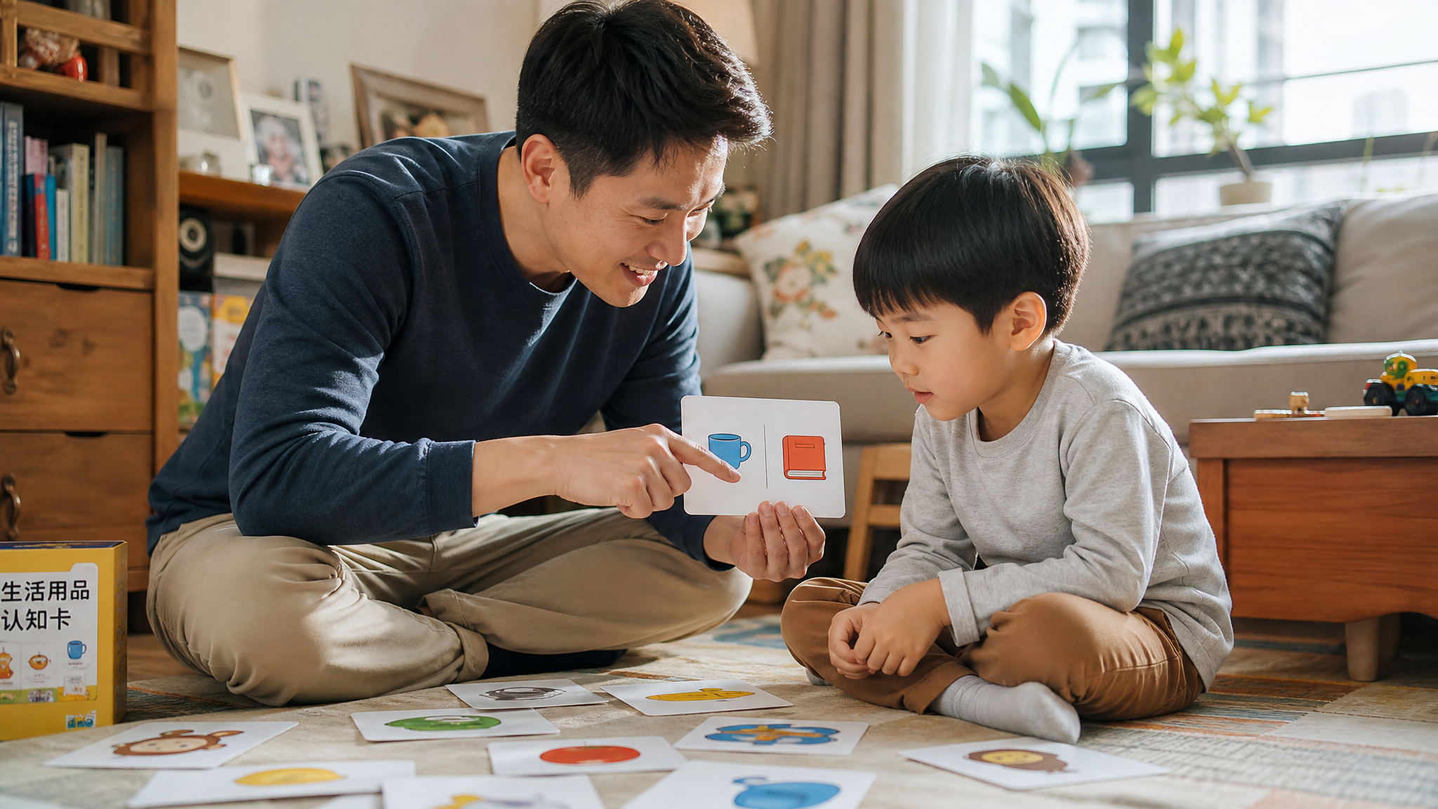 A warm living room, a Chinese father and his 5-yea