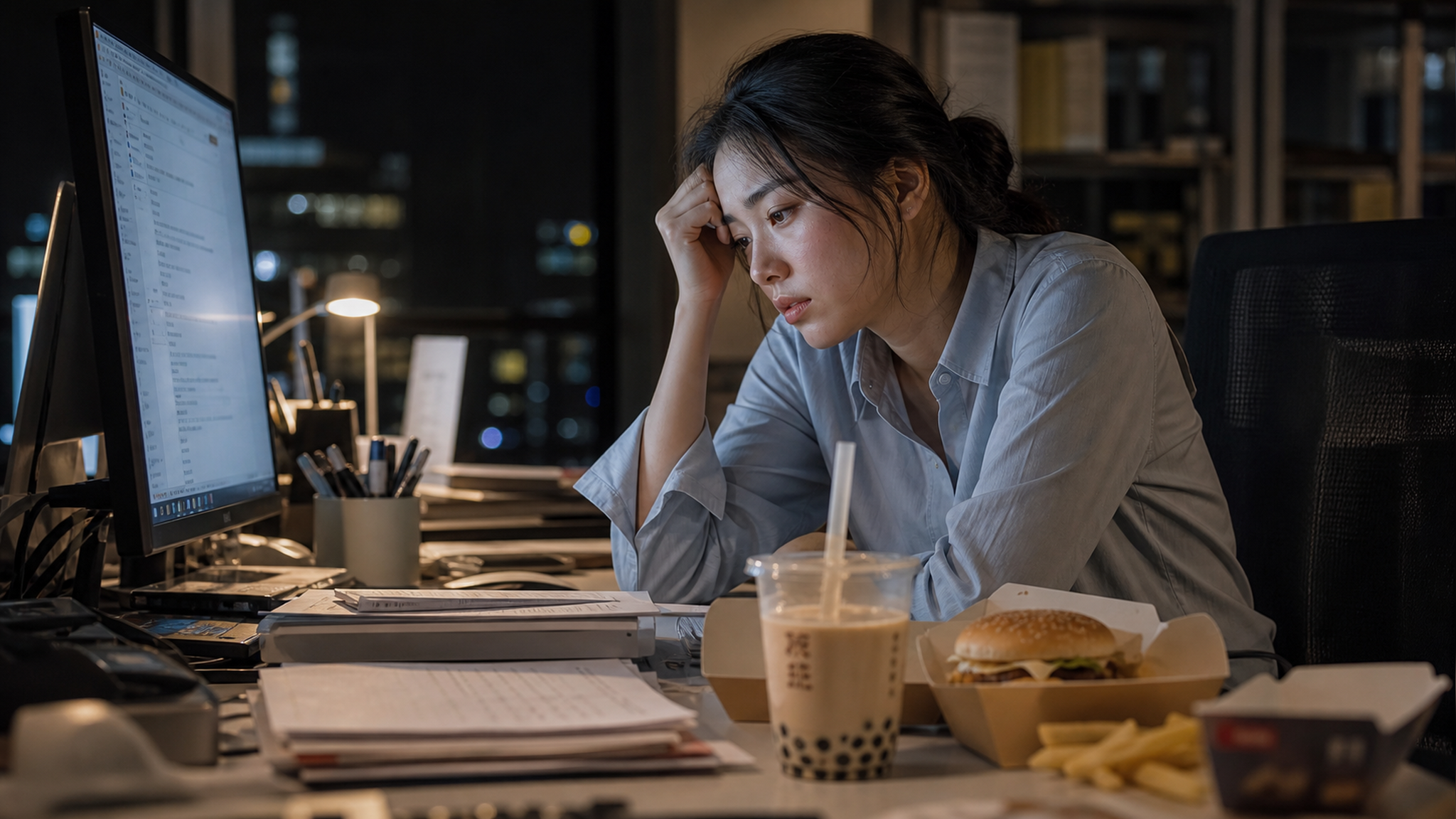 A realistic photography of a young Chinese office 
