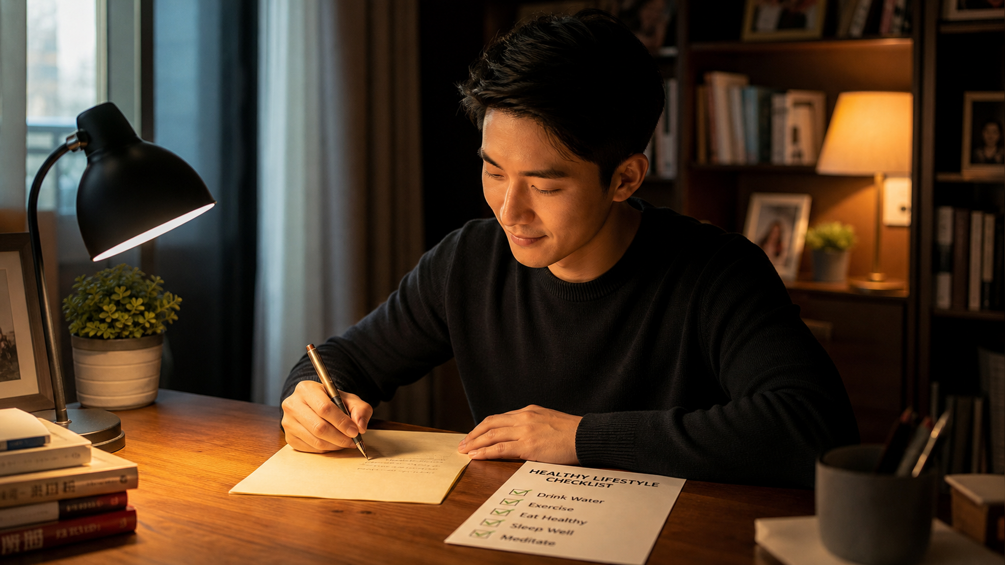 A warm and cozy scene, a young Chinese husband sit