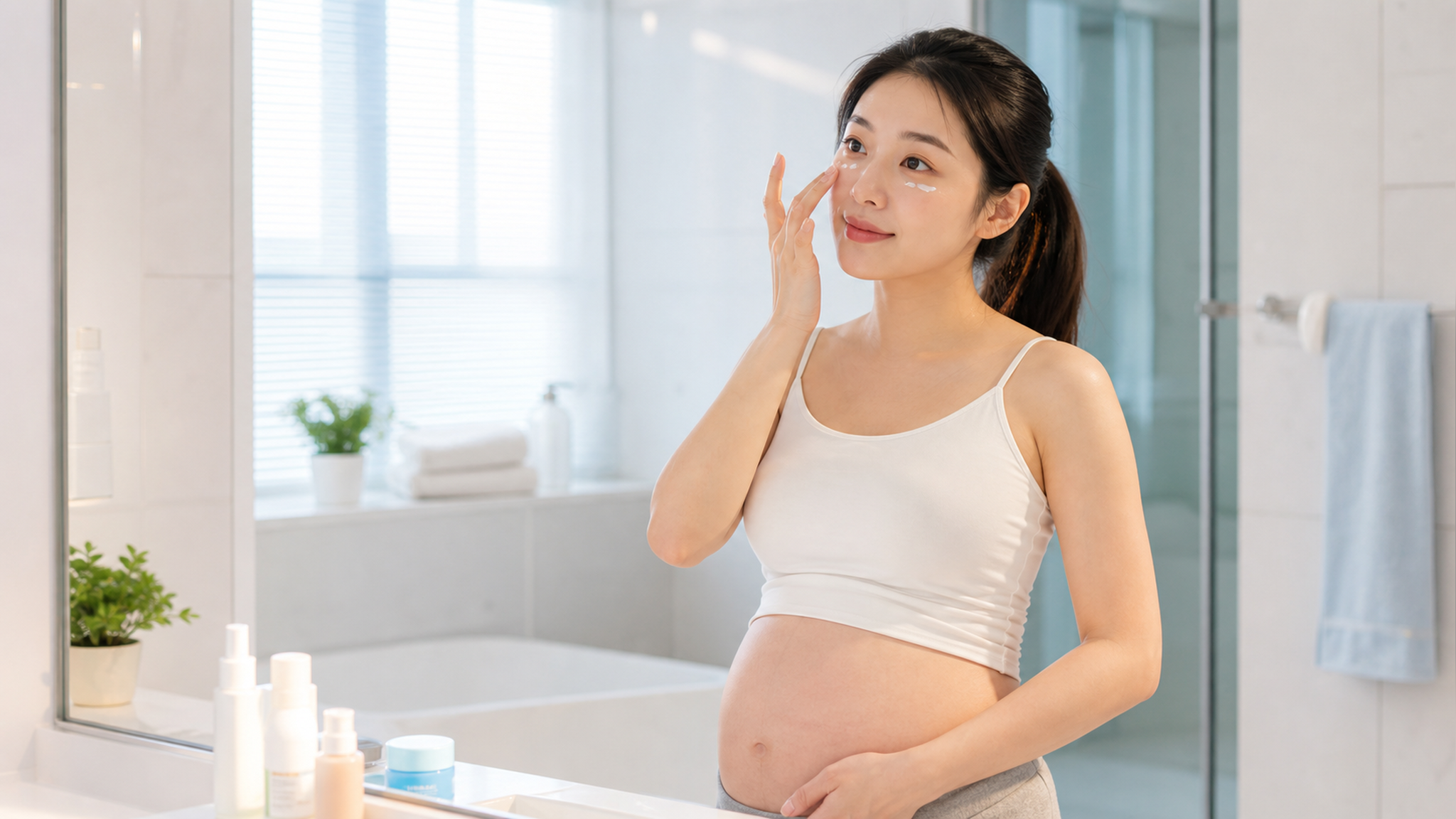 A beautiful Chinese pregnant woman standing in a b