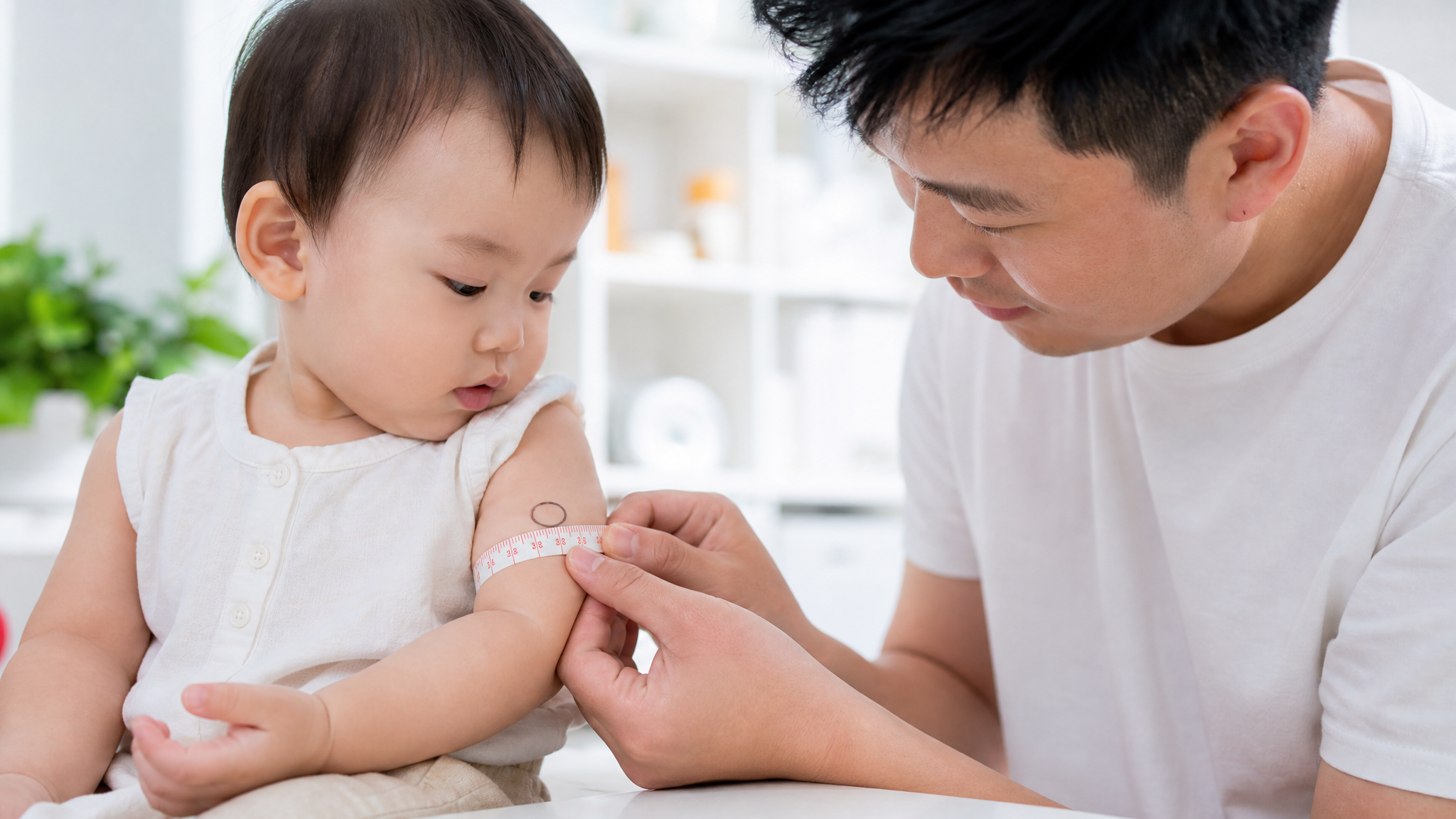 A cute Chinese baby's arm with a small drawn circl