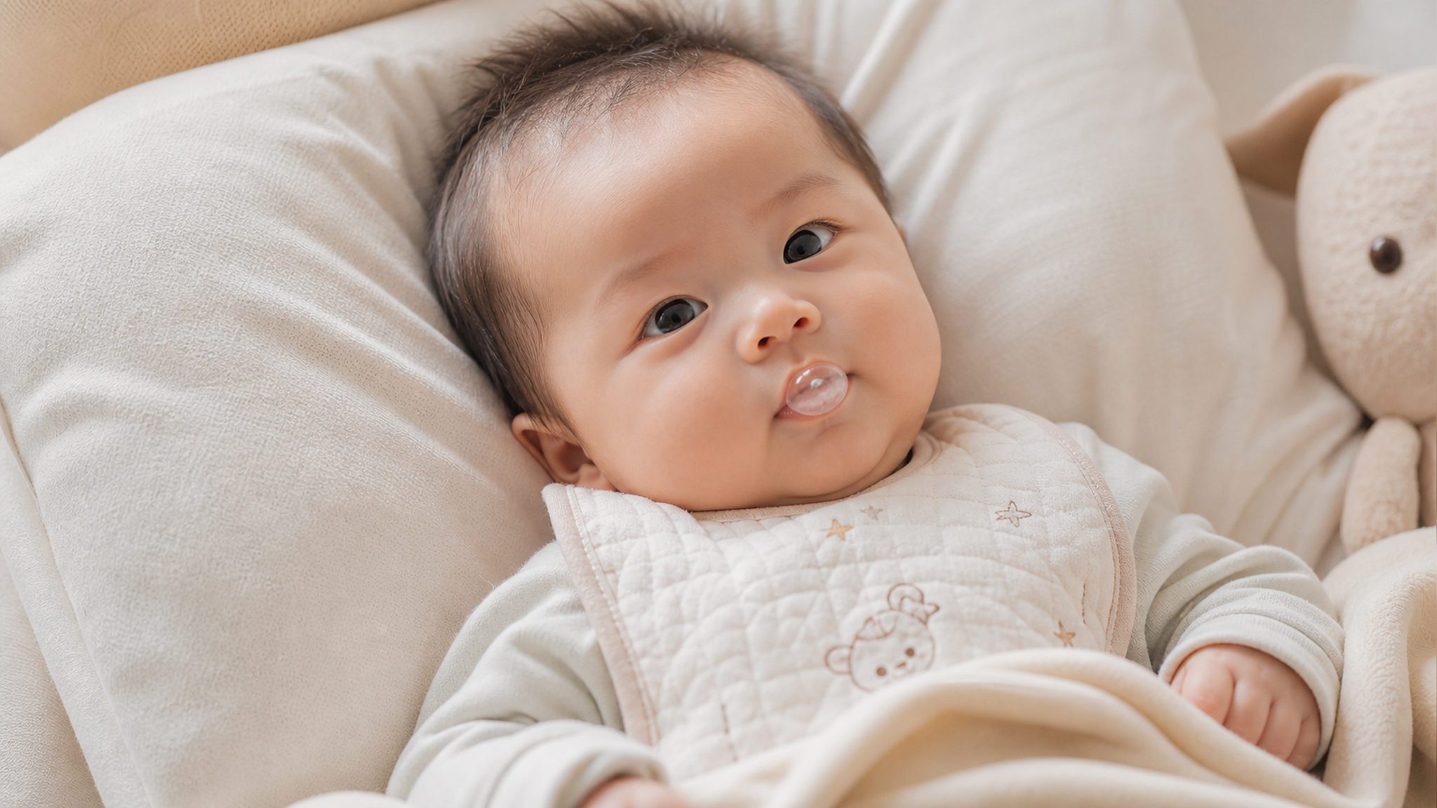 A cute 2-month-old Chinese baby lying on a soft ba