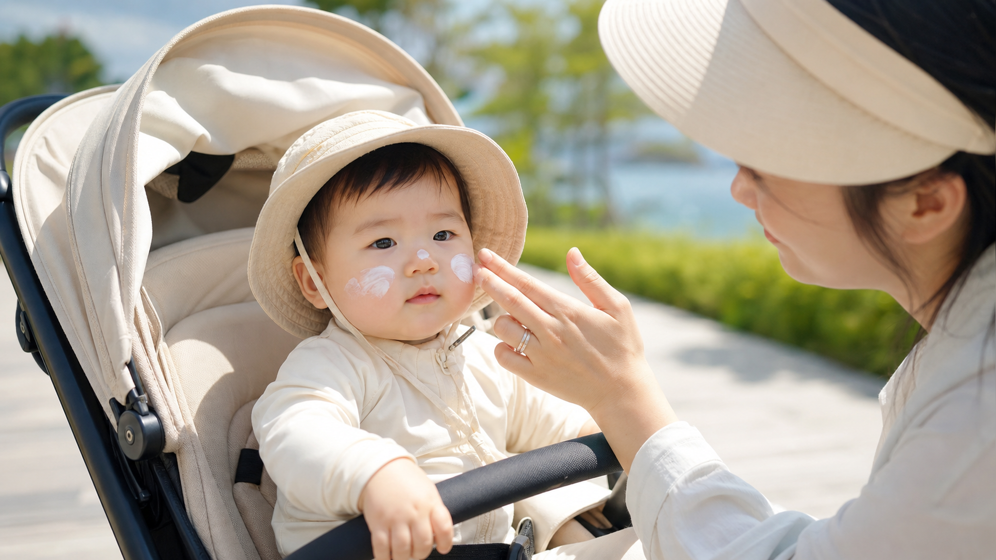 A cute 10-month-old Chinese baby sitting in a stro