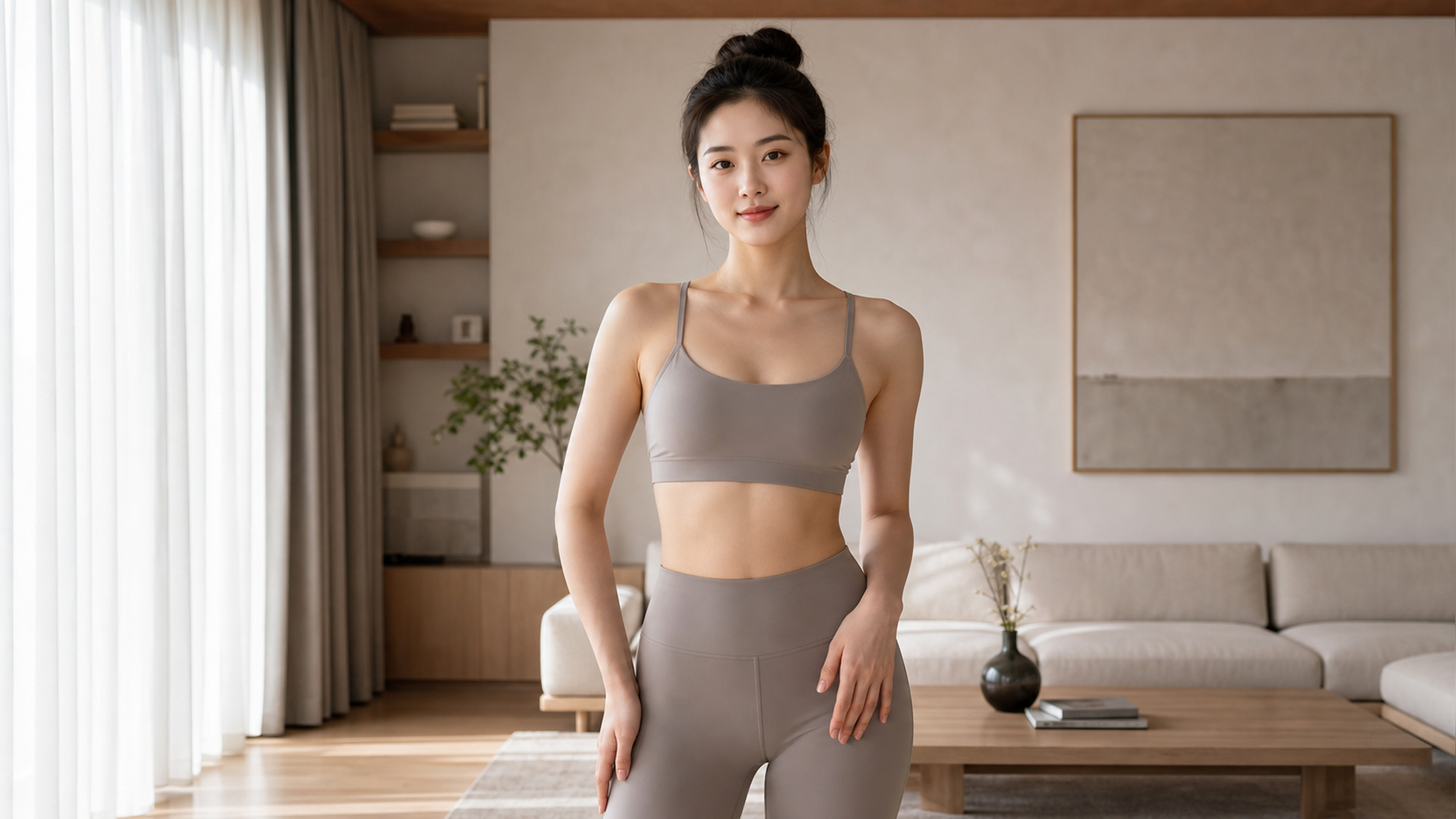 A beautiful young Chinese woman wearing a minimal 