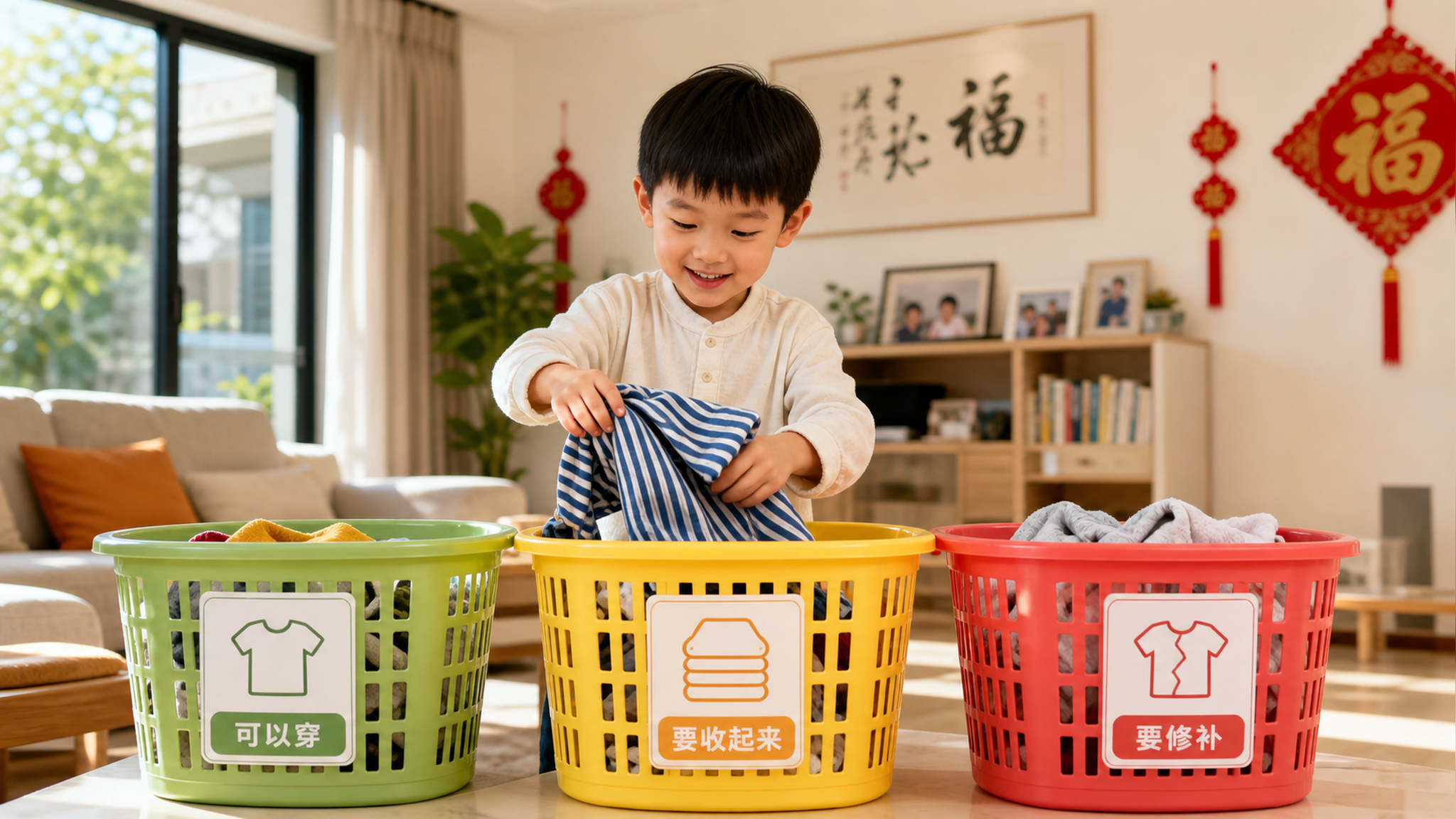 A cute Chinese kid (around 5 years old) sorting cl