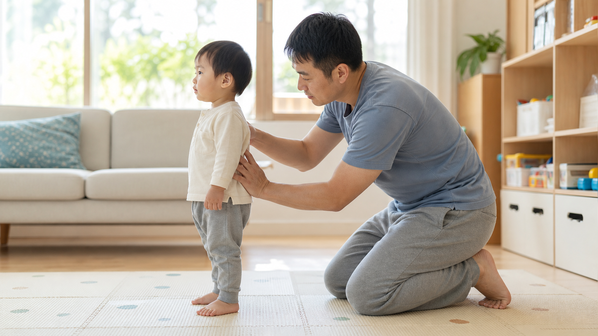A Chinese father and a 2-year-old toddler in a bri