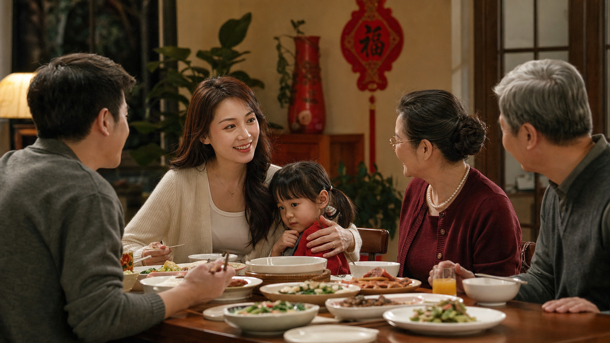 A realistic photography of a Chinese family dinner