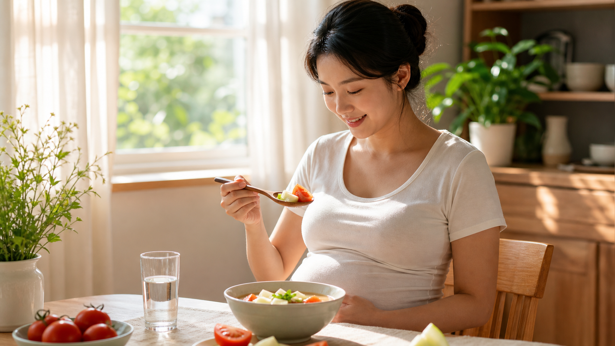 A beautiful Chinese pregnant woman sitting at a br