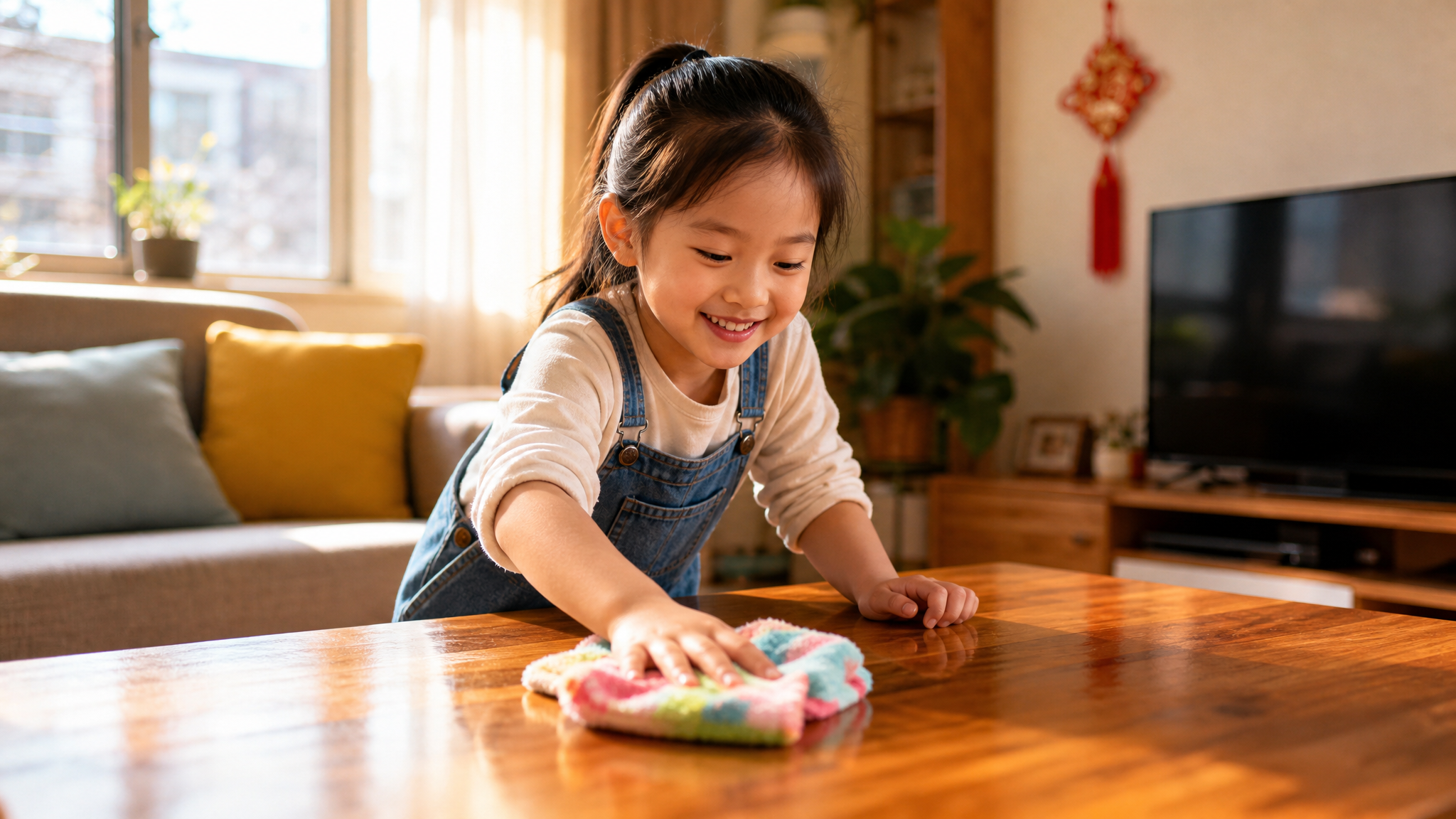 A cute Chinese child (around 5-7 years old) happil