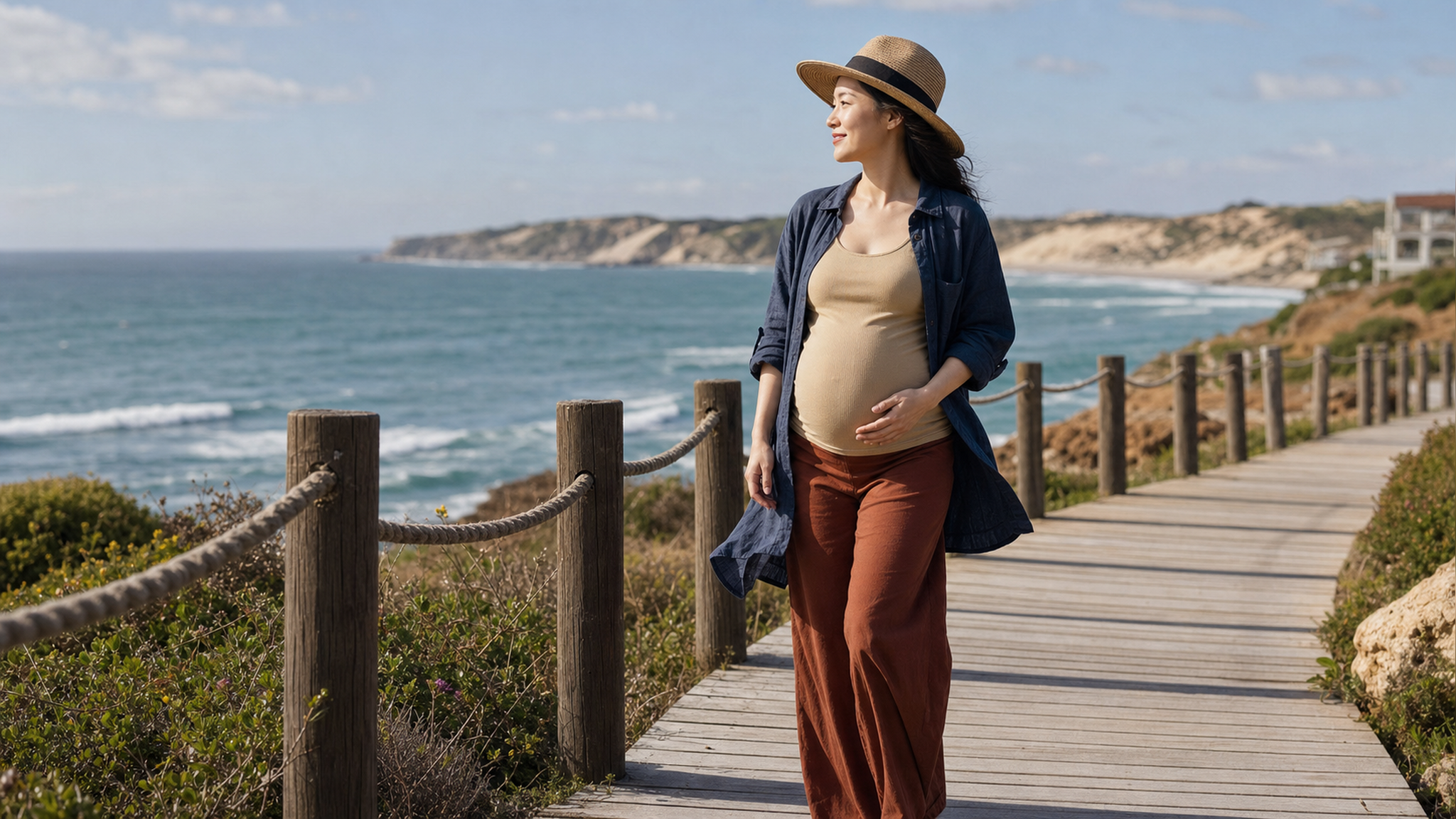A beautiful Chinese pregnant woman walking gracefu