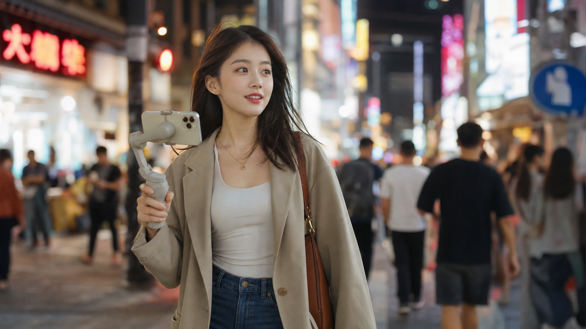 A cinematic shot of a stylish young Chinese vlogge