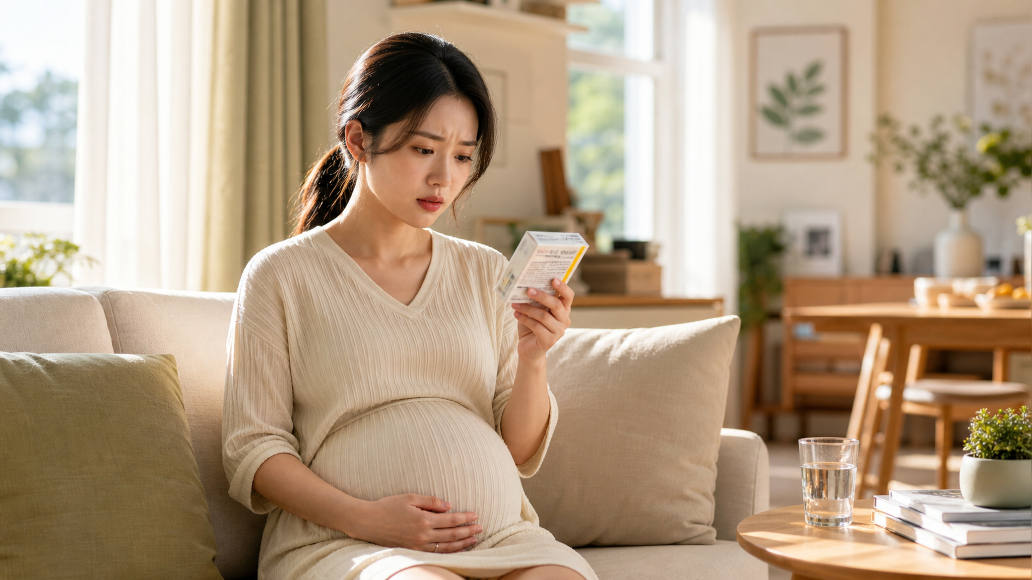A beautiful Chinese pregnant woman sitting in a co