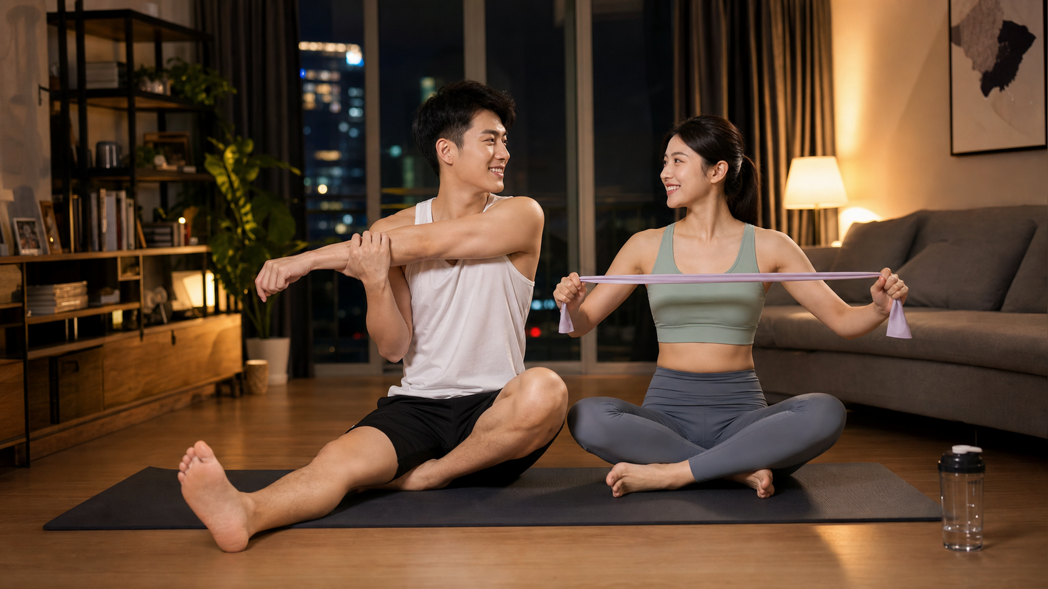 A young Chinese couple doing light stretching exer