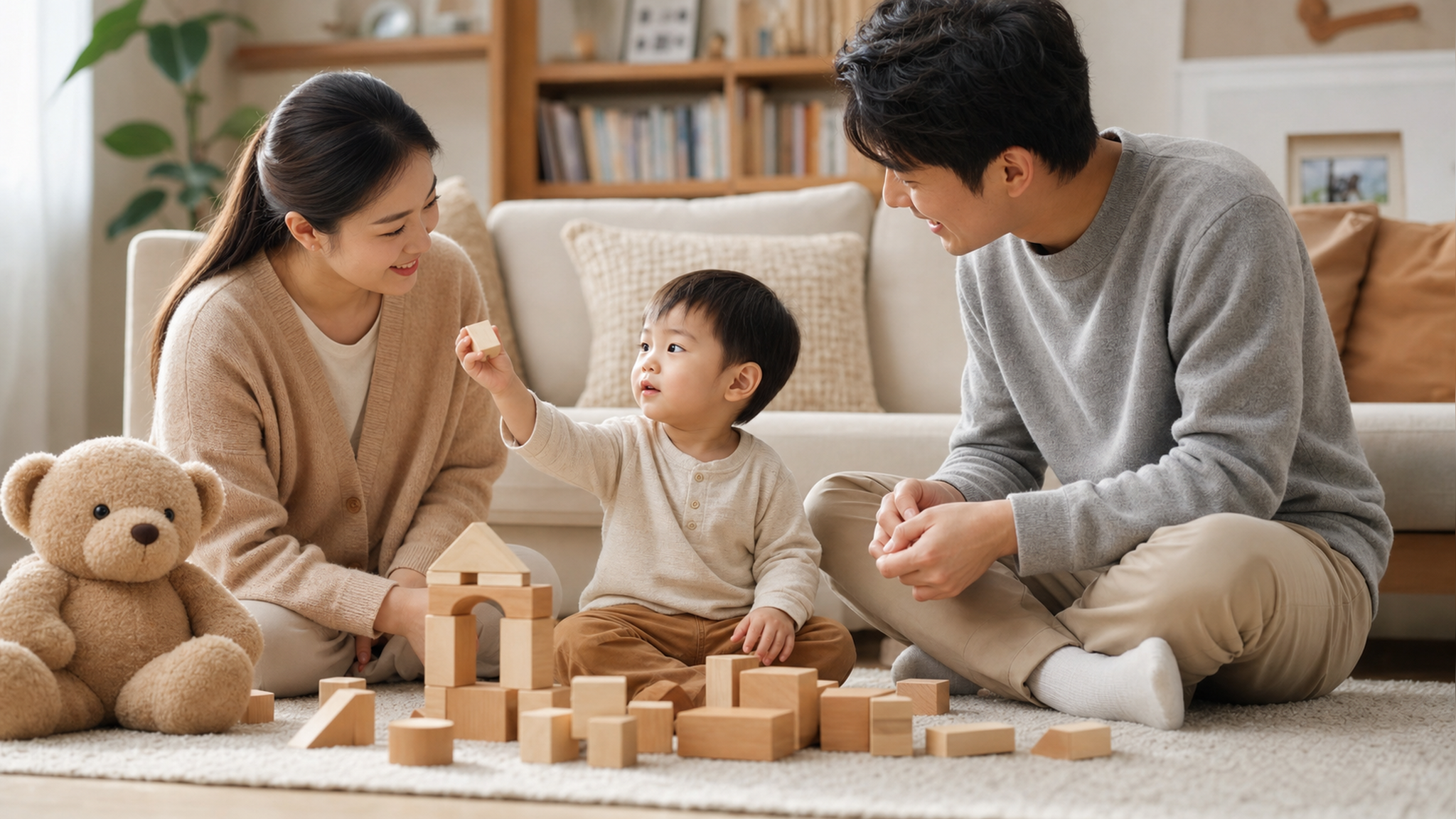 A realistic photography of a young Chinese parents