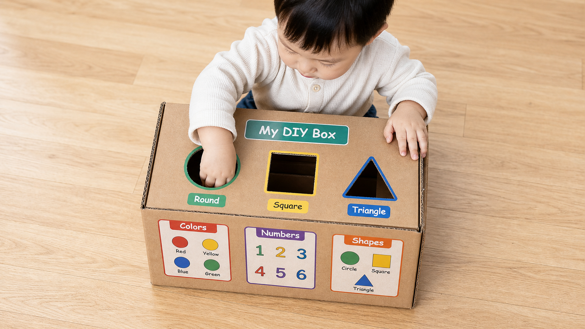 Top-down view, a cute 2-year-old Chinese toddler p