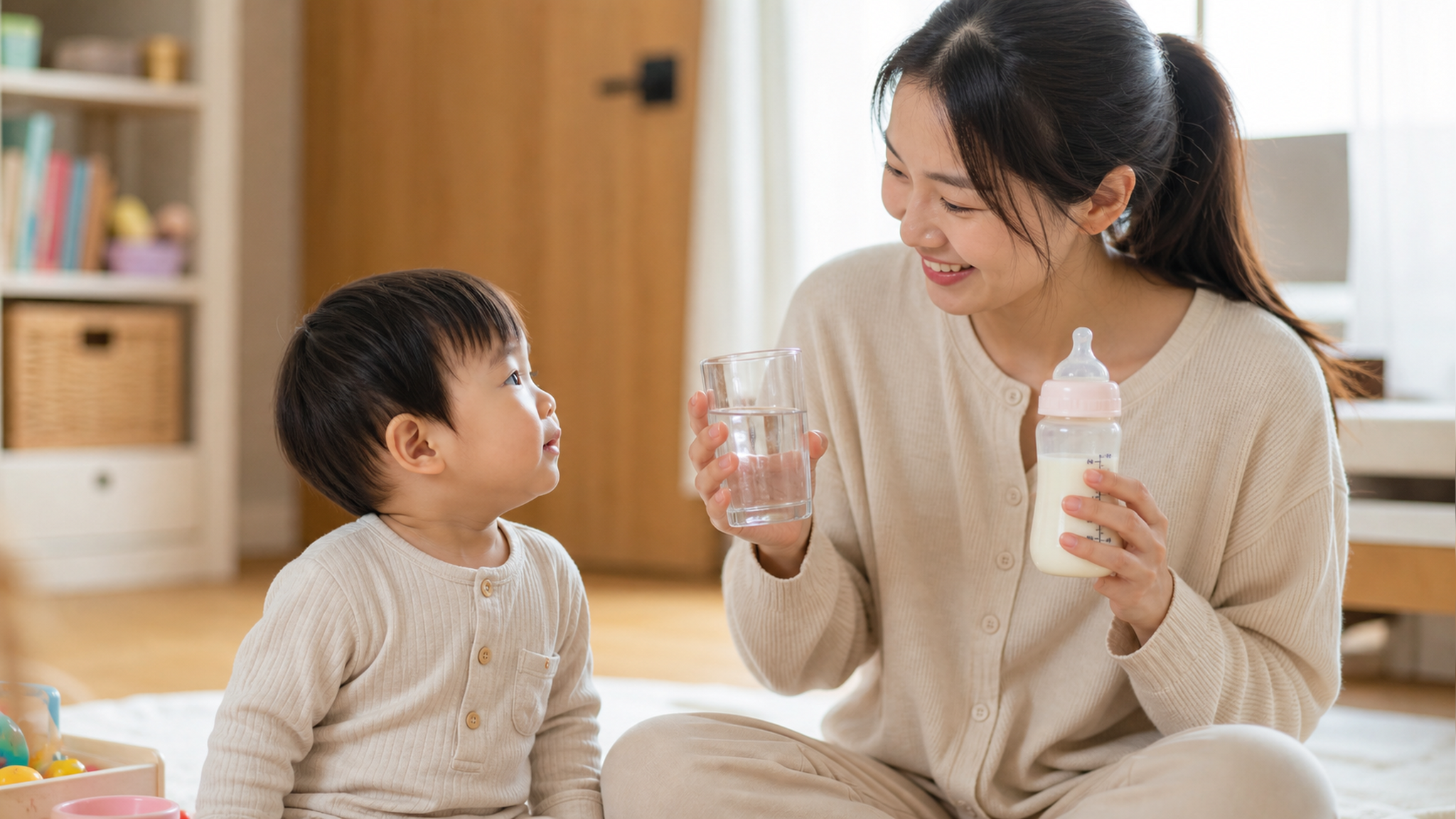 A cute 2-year-old Chinese toddler looking at the m