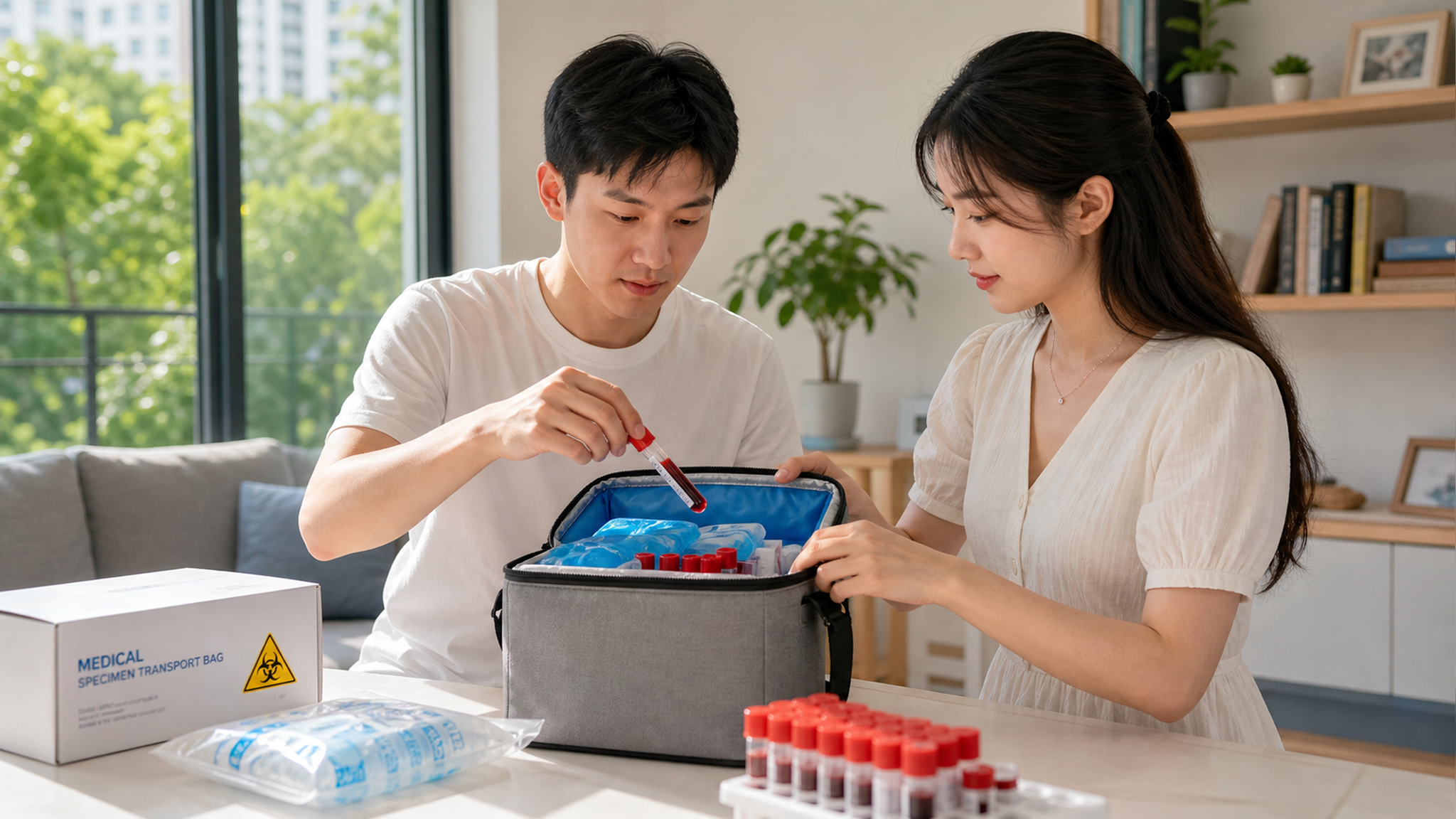 A young Chinese couple carefully packing medical b