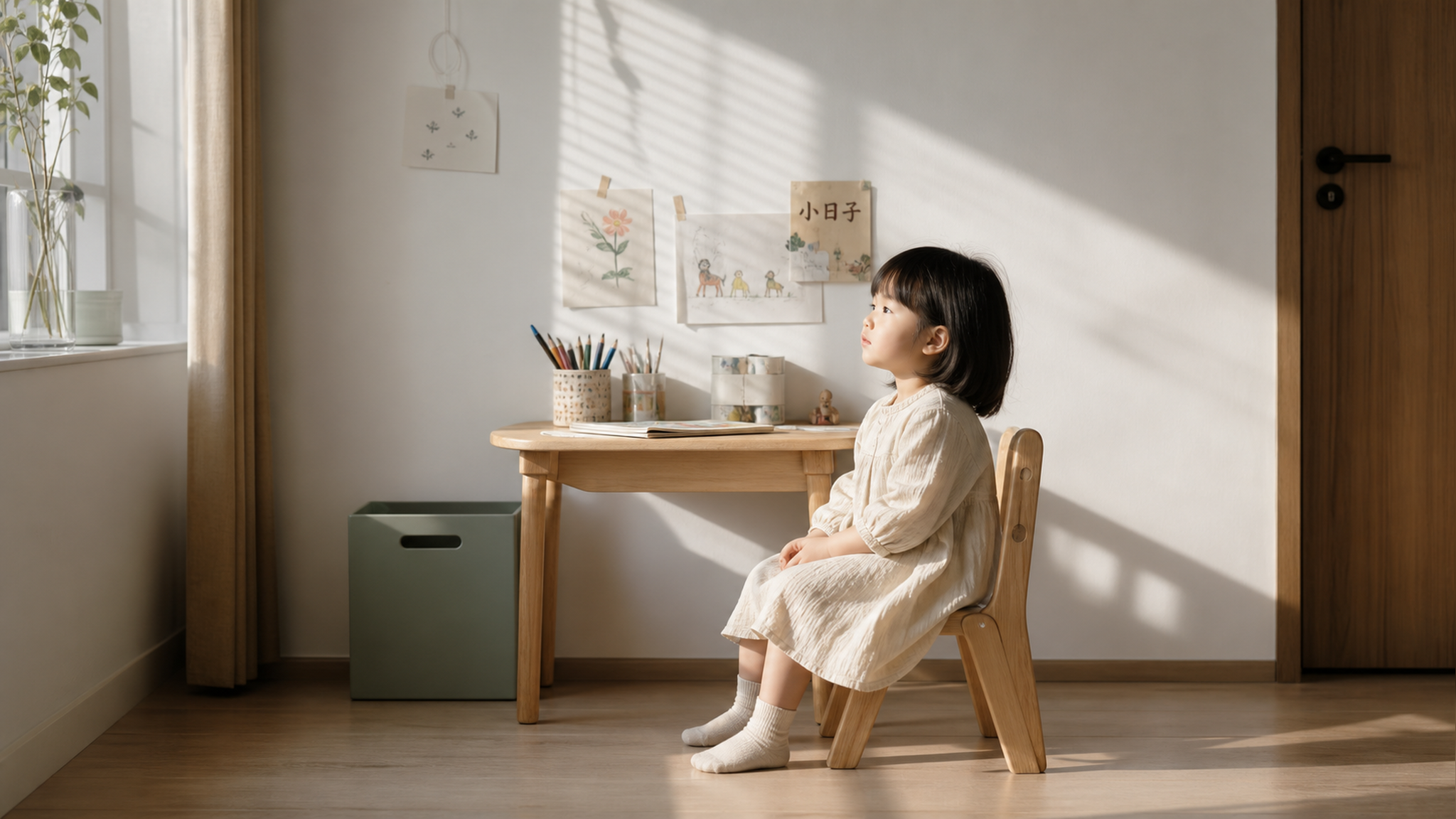 A minimalist and clean kids' art corner in a moder