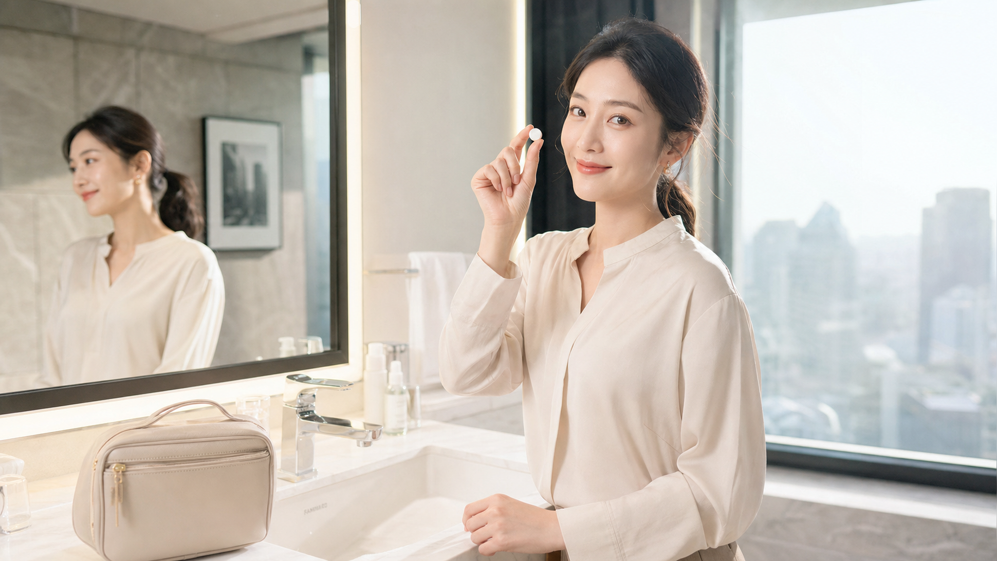 一位精致的中国年轻都市白领女性,正在明亮的酒店洗手台前,手里拿着一颗小巧的固体洁面(类似豌豆大小的压