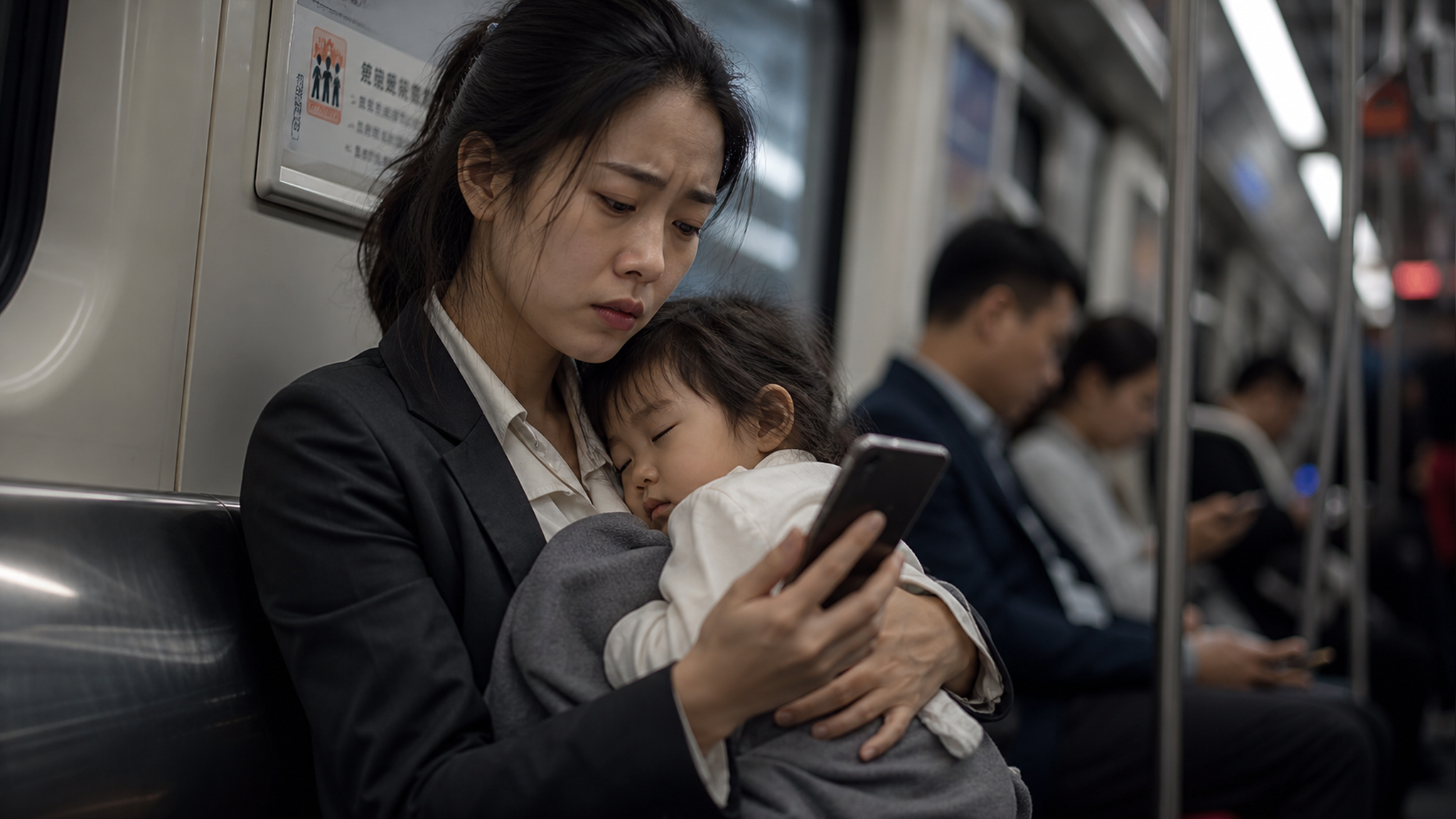 A realistic portrait of an exhausted young Chinese