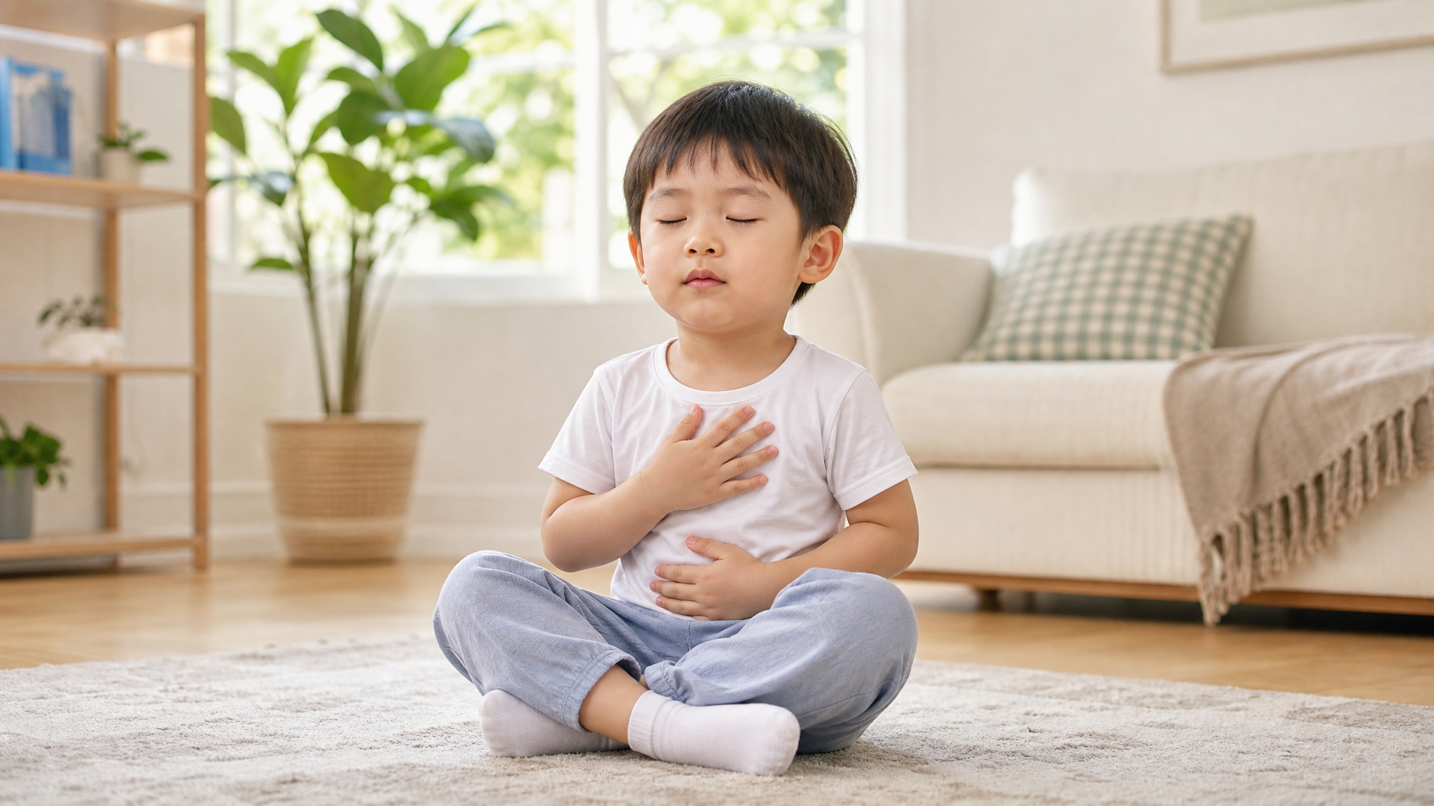 A cute 4-year-old Chinese kid sitting on the floor