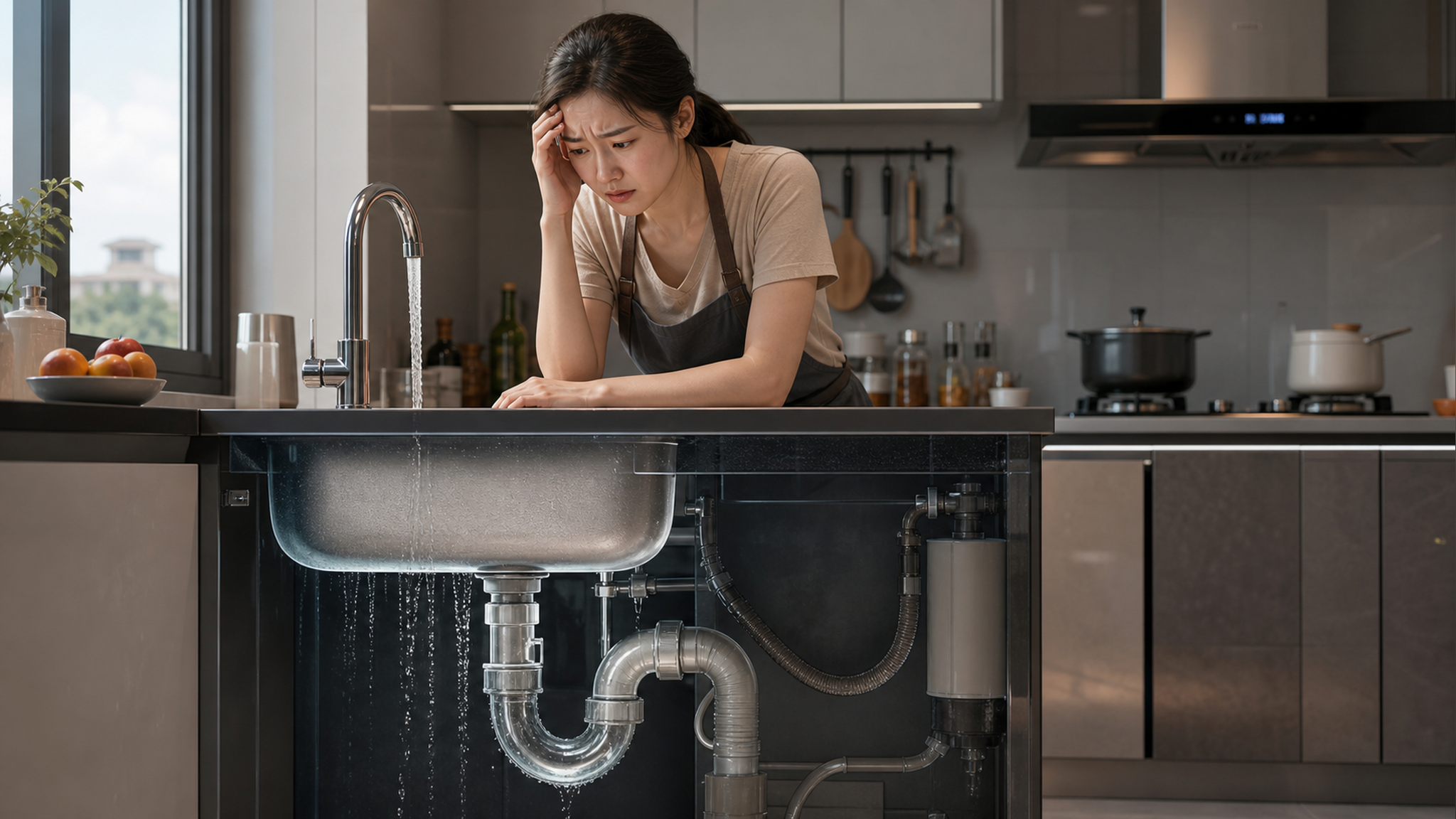 A modern Chinese kitchen, a young Chinese housewif