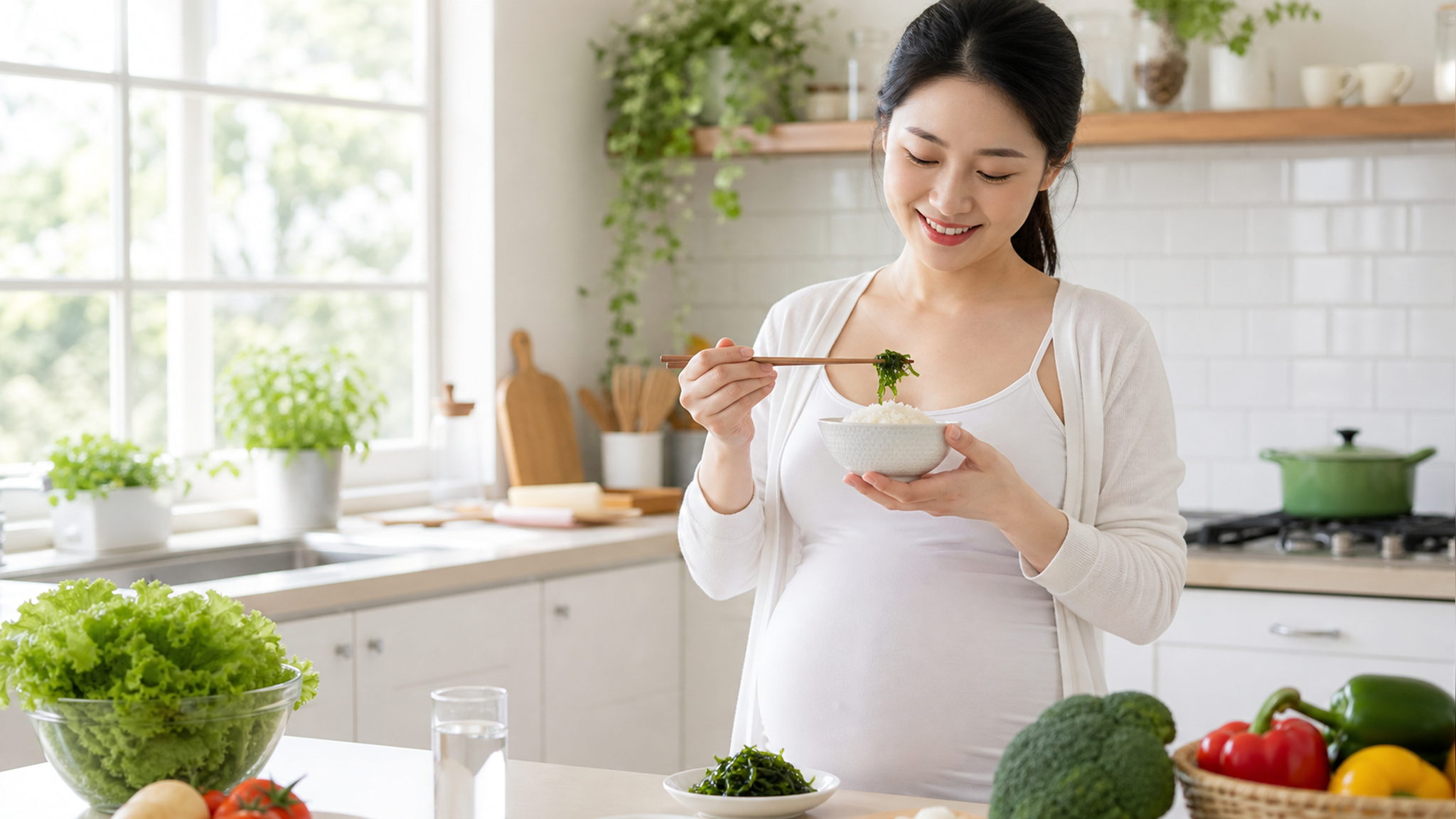 A beautiful Chinese pregnant woman standing in a b