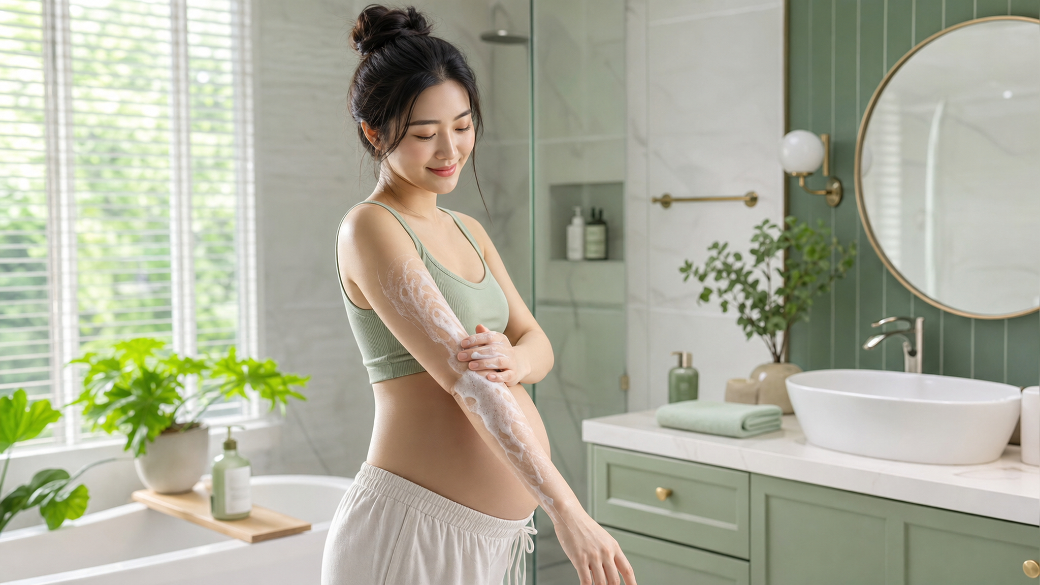 A beautiful Chinese pregnant woman standing in a b