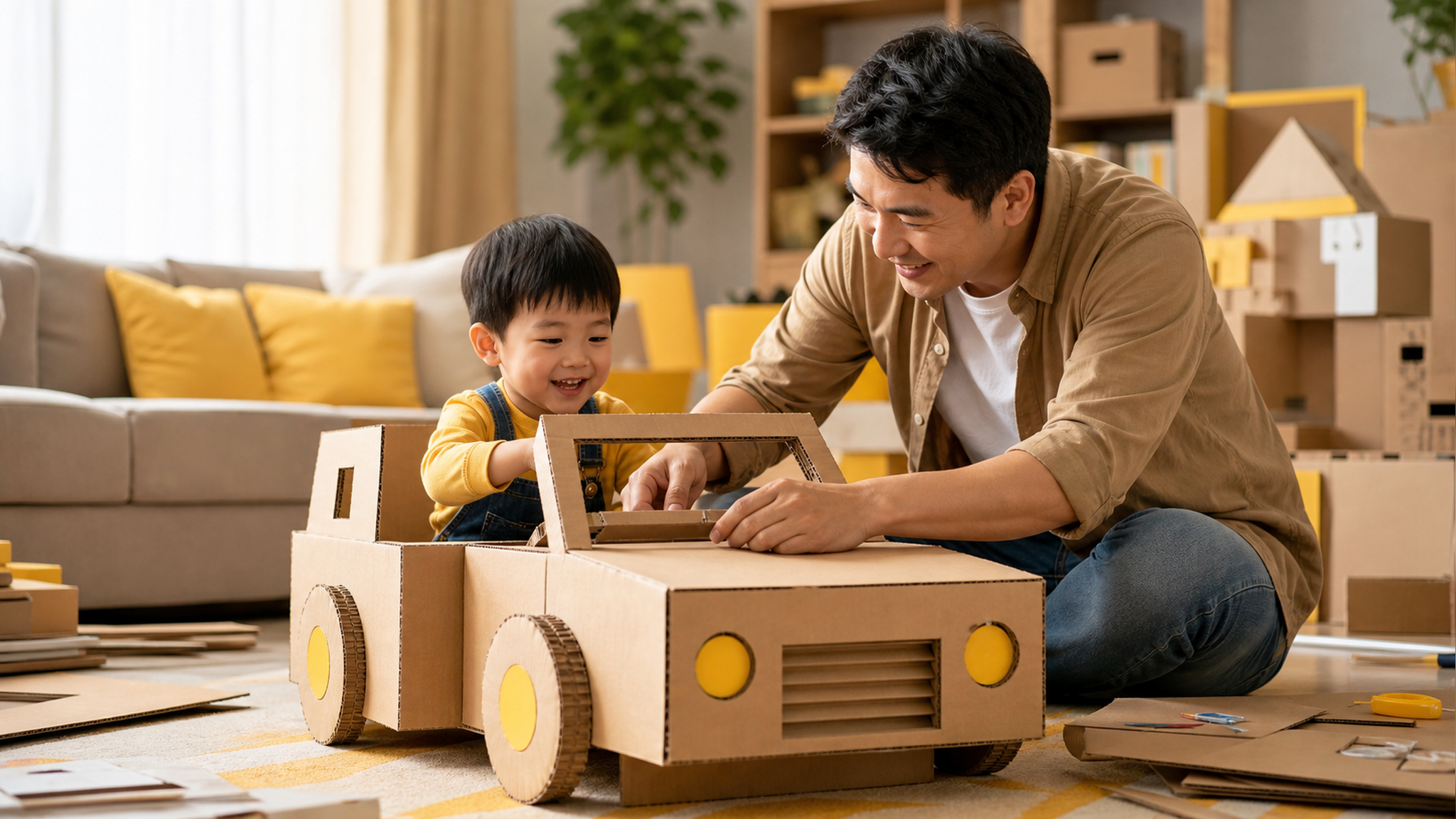 A Chinese father and his 4-year-old child building