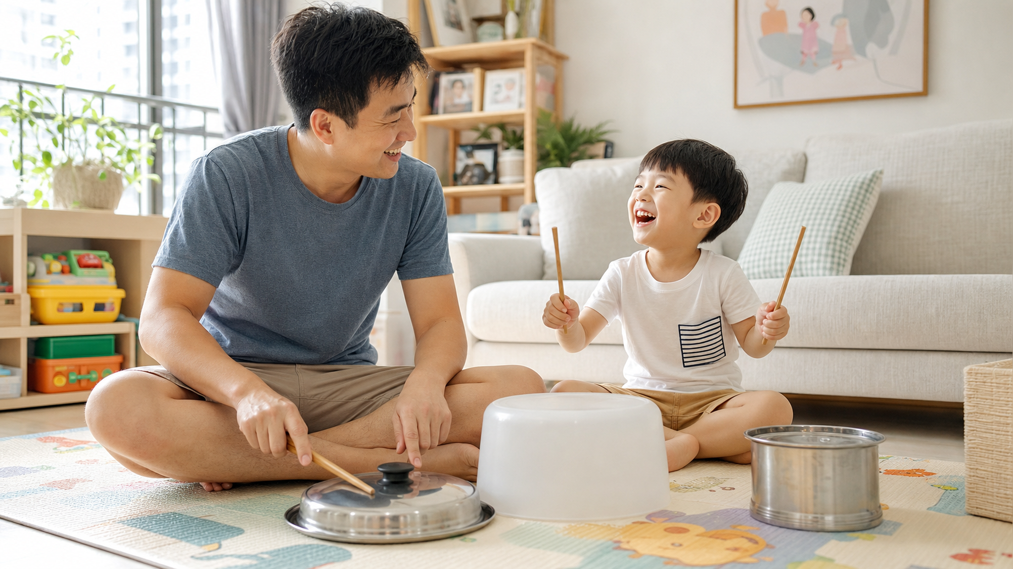 A warm and bright living room, a Chinese father an