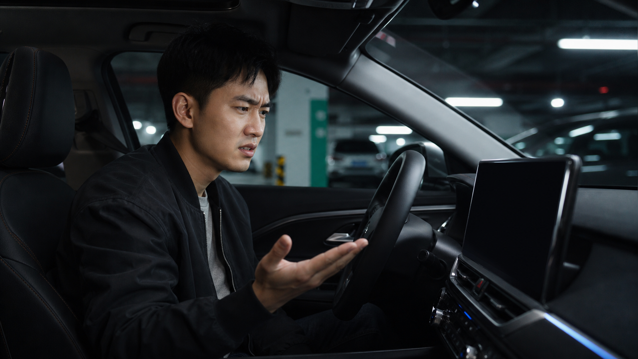 A cinematic shot of a young Chinese driver looking