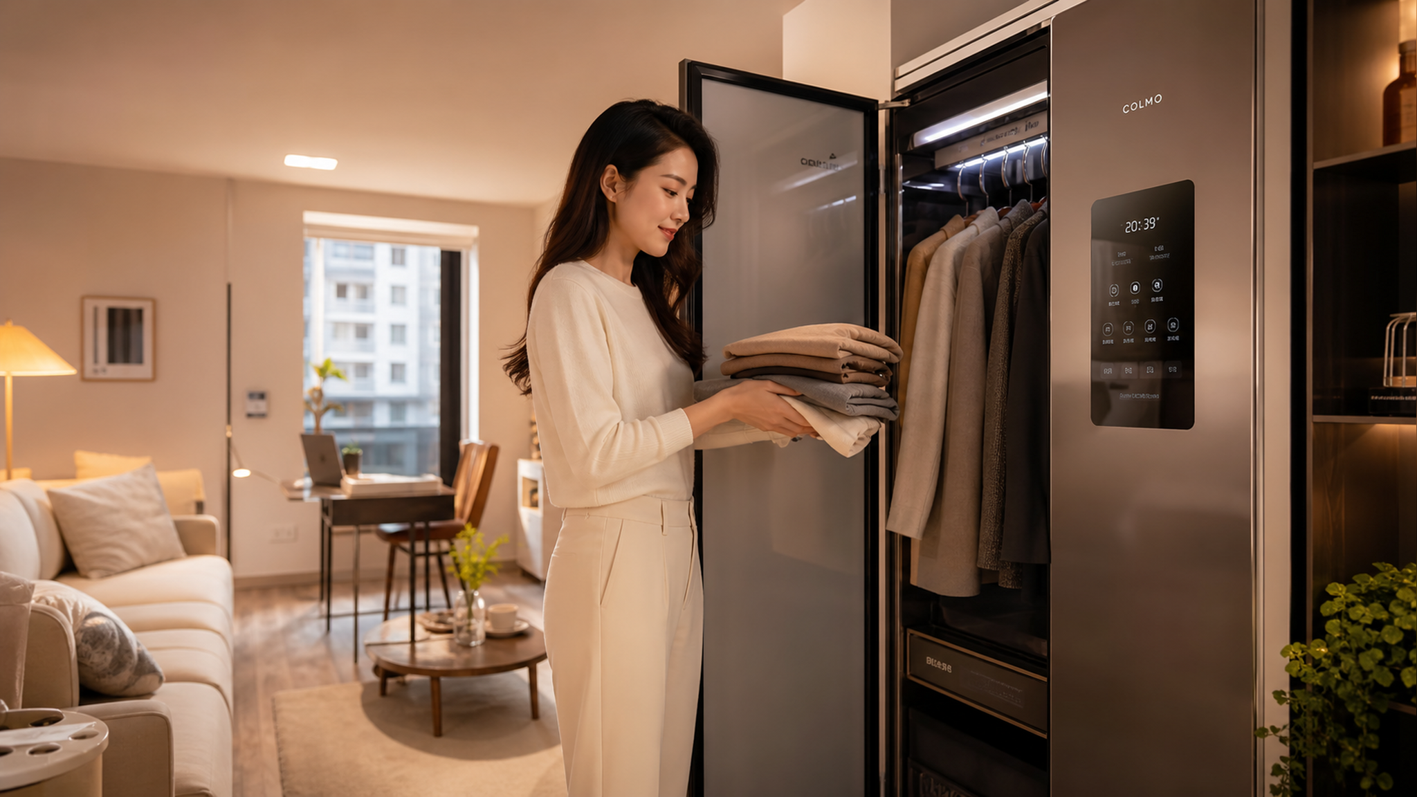 A modern Chinese young woman standing in a cozy, w
