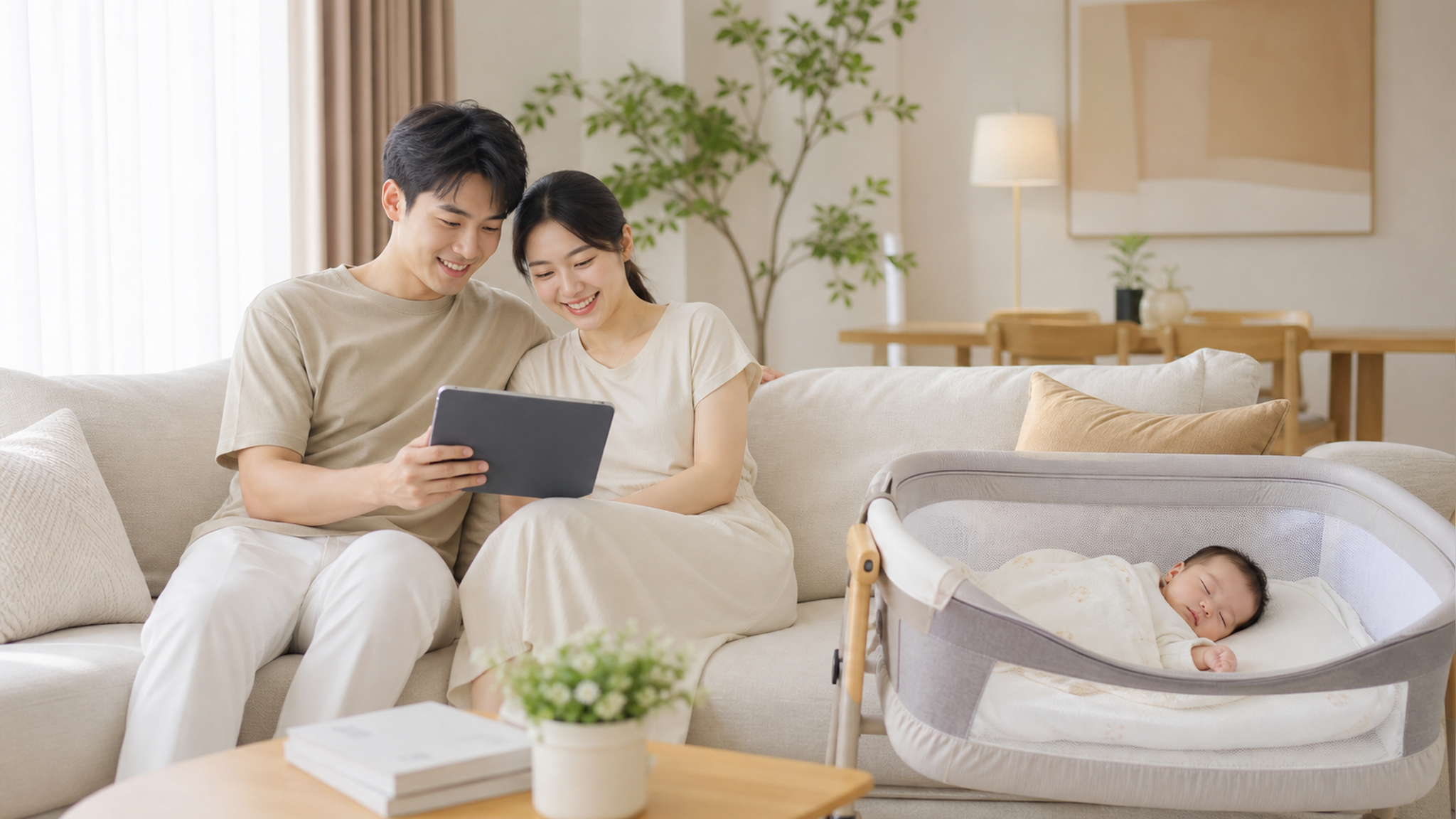 A young Chinese couple sitting comfortably on a mo