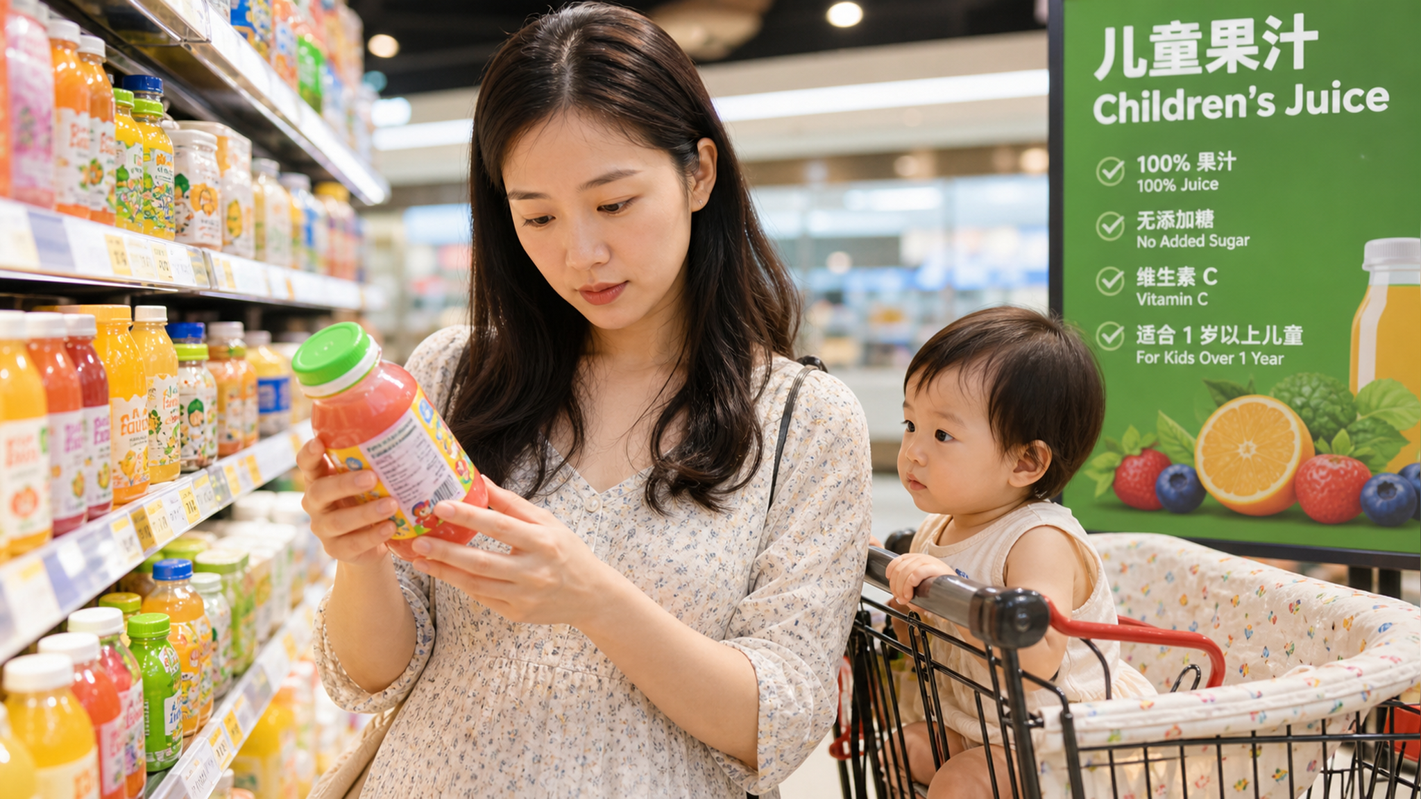 A young Chinese mother in a bright supermarket, ca