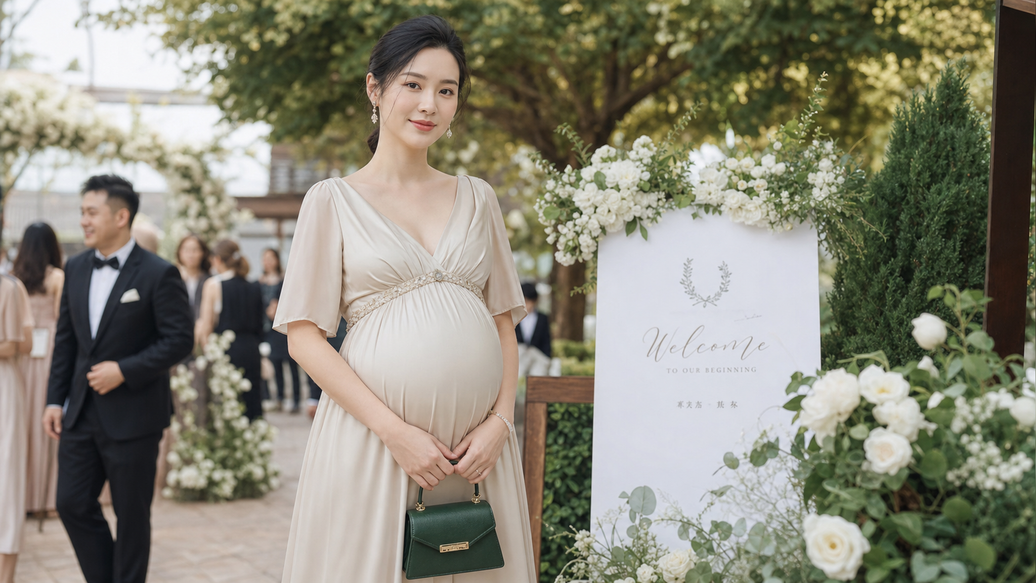 A beautiful Chinese pregnant woman attending a sum