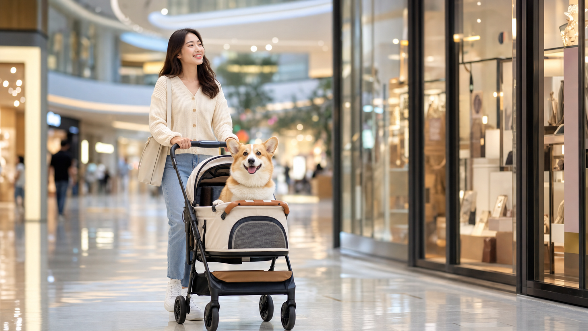 A cheerful young Chinese woman walking in a modern