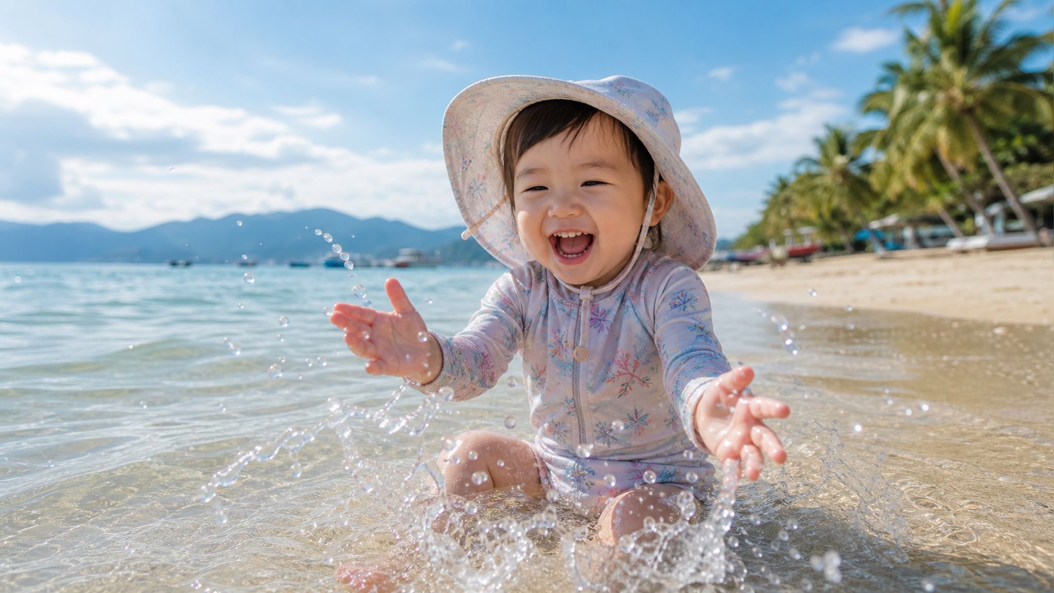 A cute 2-year-old Chinese toddler playing with wat