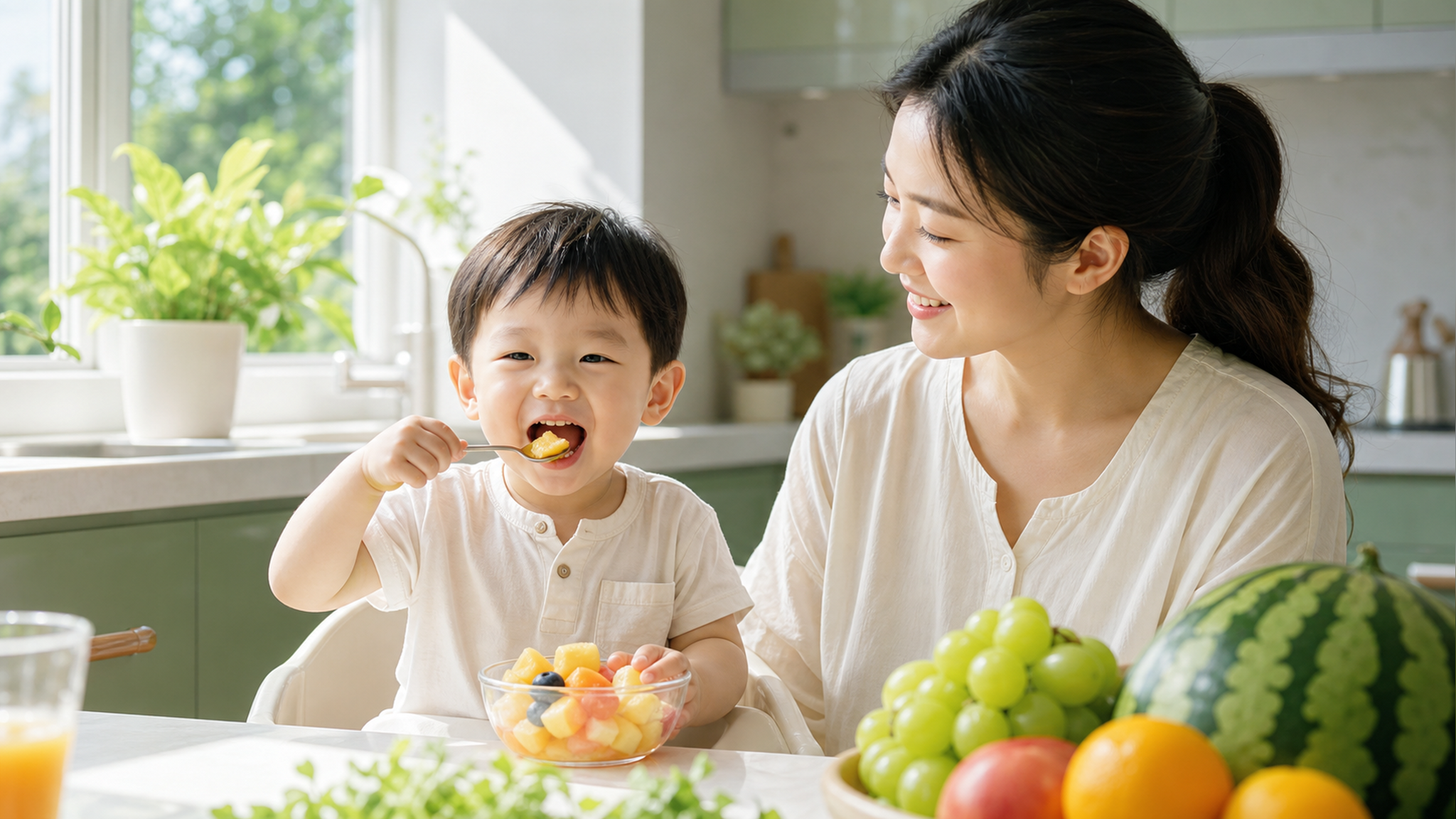 A cute 2-year-old Chinese toddler sitting in a bri