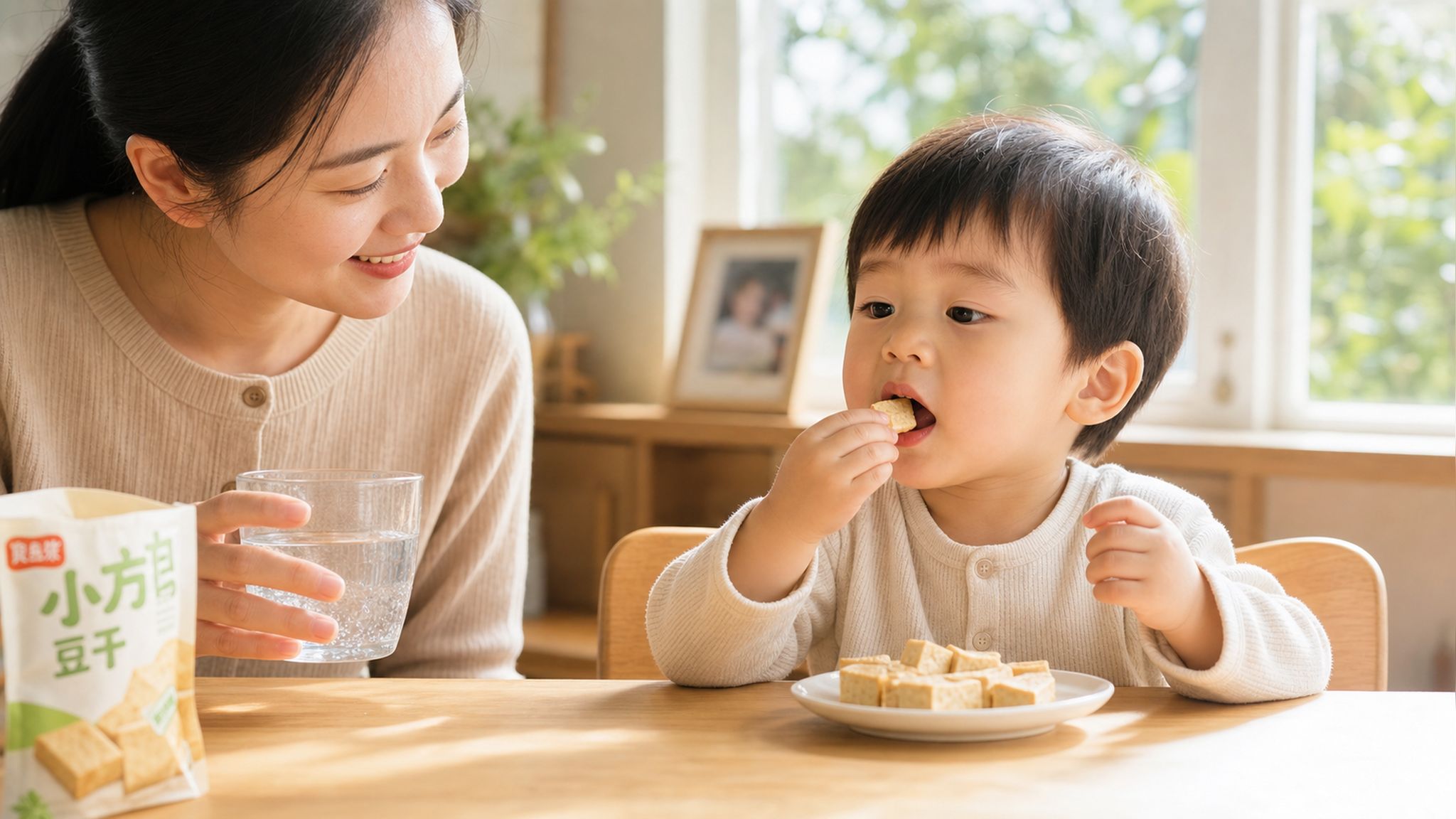 A cute 3-year-old Chinese toddler sitting at a bri