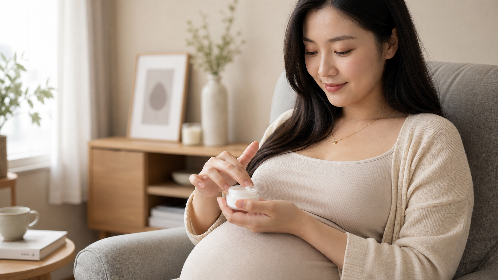 A close-up shot of a young Chinese pregnant woman