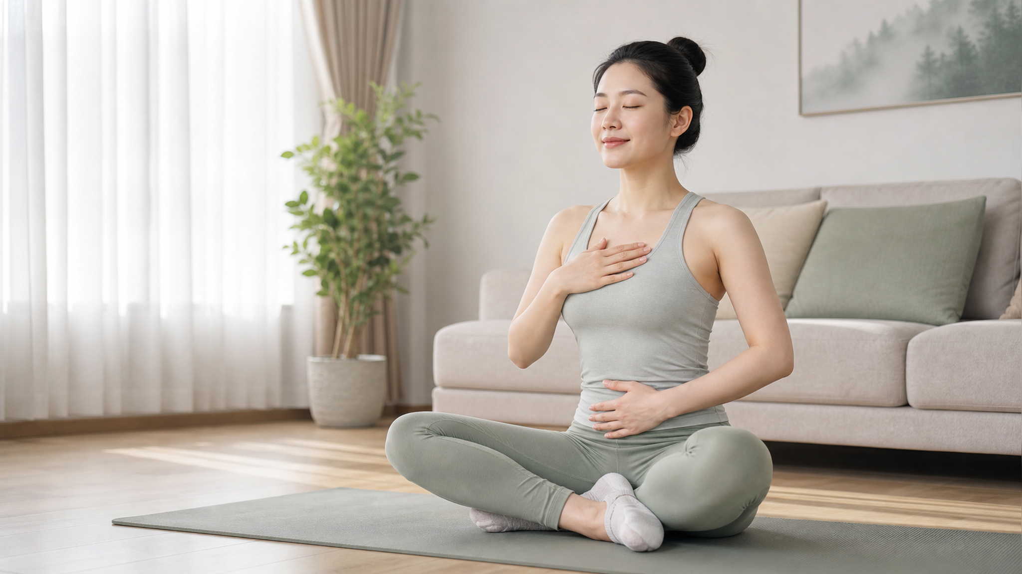 A serene Chinese mother in her late 20s practicing