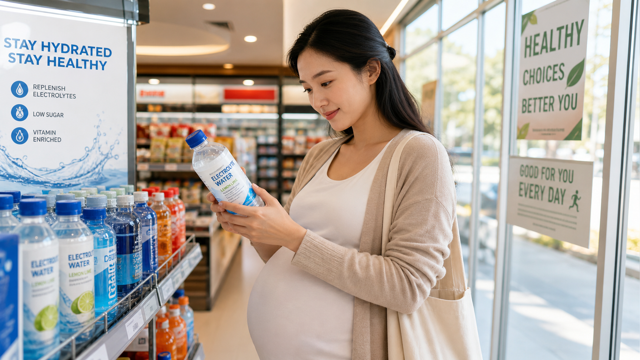 A beautiful Chinese pregnant woman standing in a b