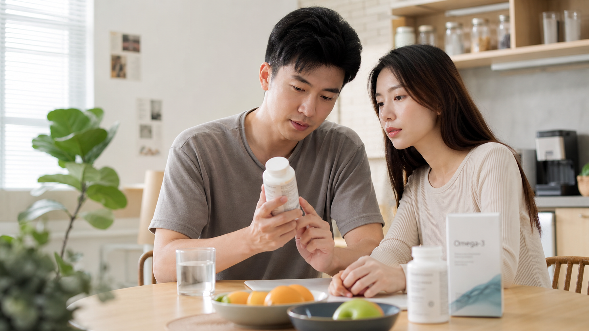 A young Chinese couple sitting at a bright, cozy d